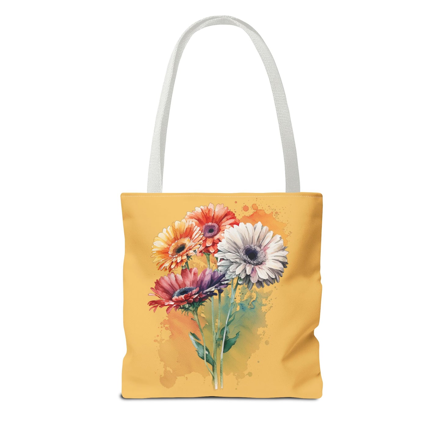 Floral Watercolor Tote Bag — Colorful Gerbera Bouquet on Mustard Background
