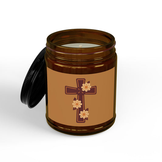 Floral Cross Scented Soy Candle — 4oz & 9oz Amber Jar with Black Lid