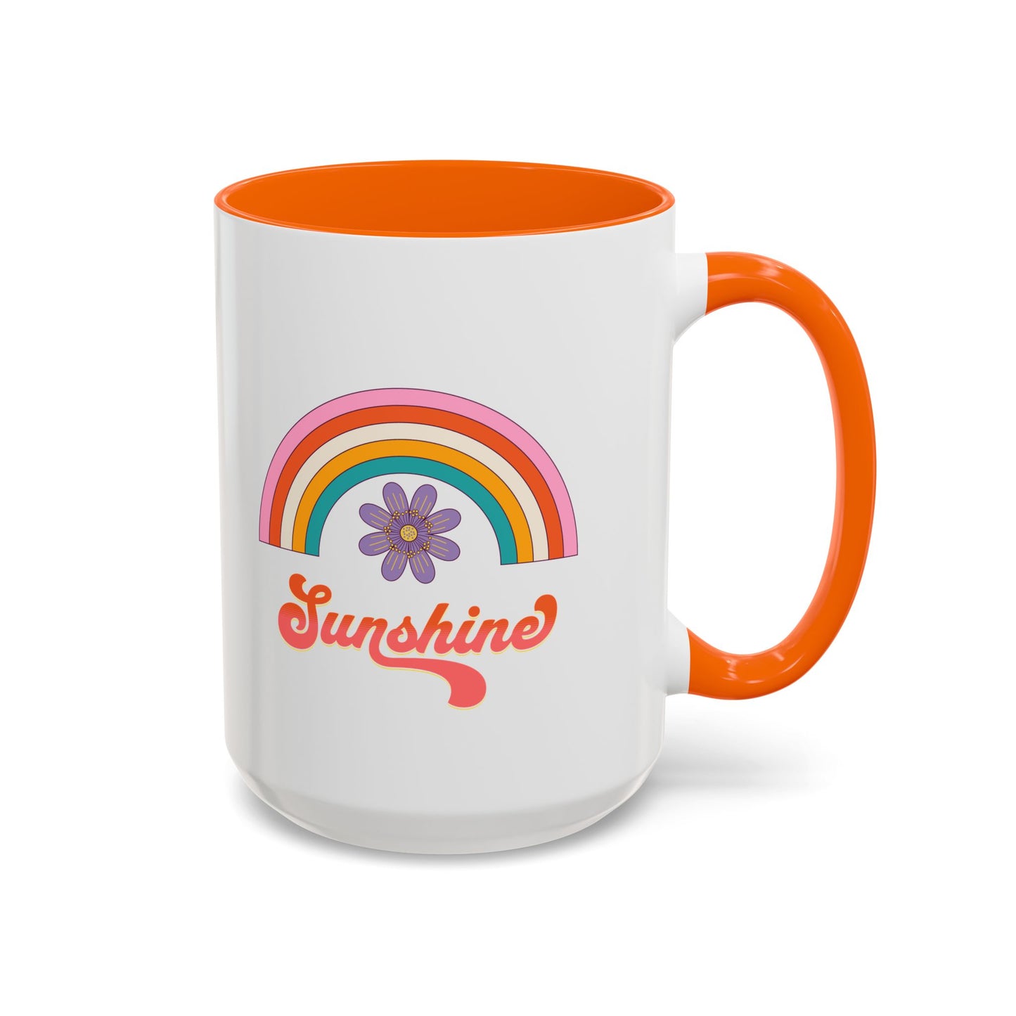 Sunshine Rainbow Accent Coffee Mug — Retro Flower 70s Vibe