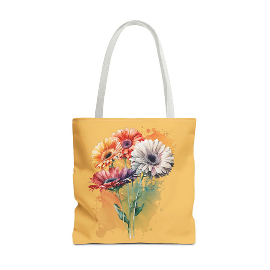 Floral Watercolor Tote Bag — Colorful Gerbera Bouquet on Mustard Background