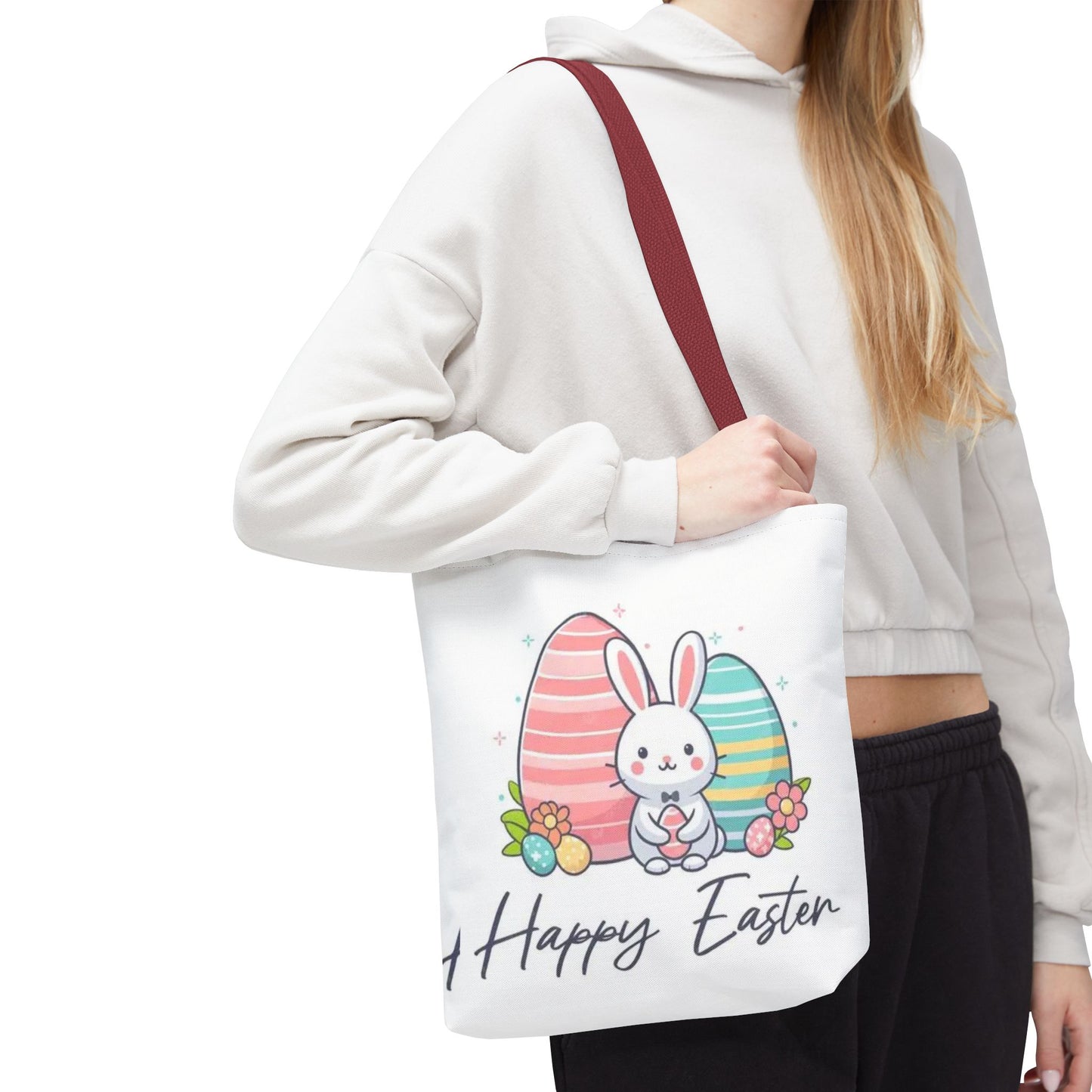Easter Bunny Tote Bag — Cute "Happy Easter" Bunny with Colorful Eggs