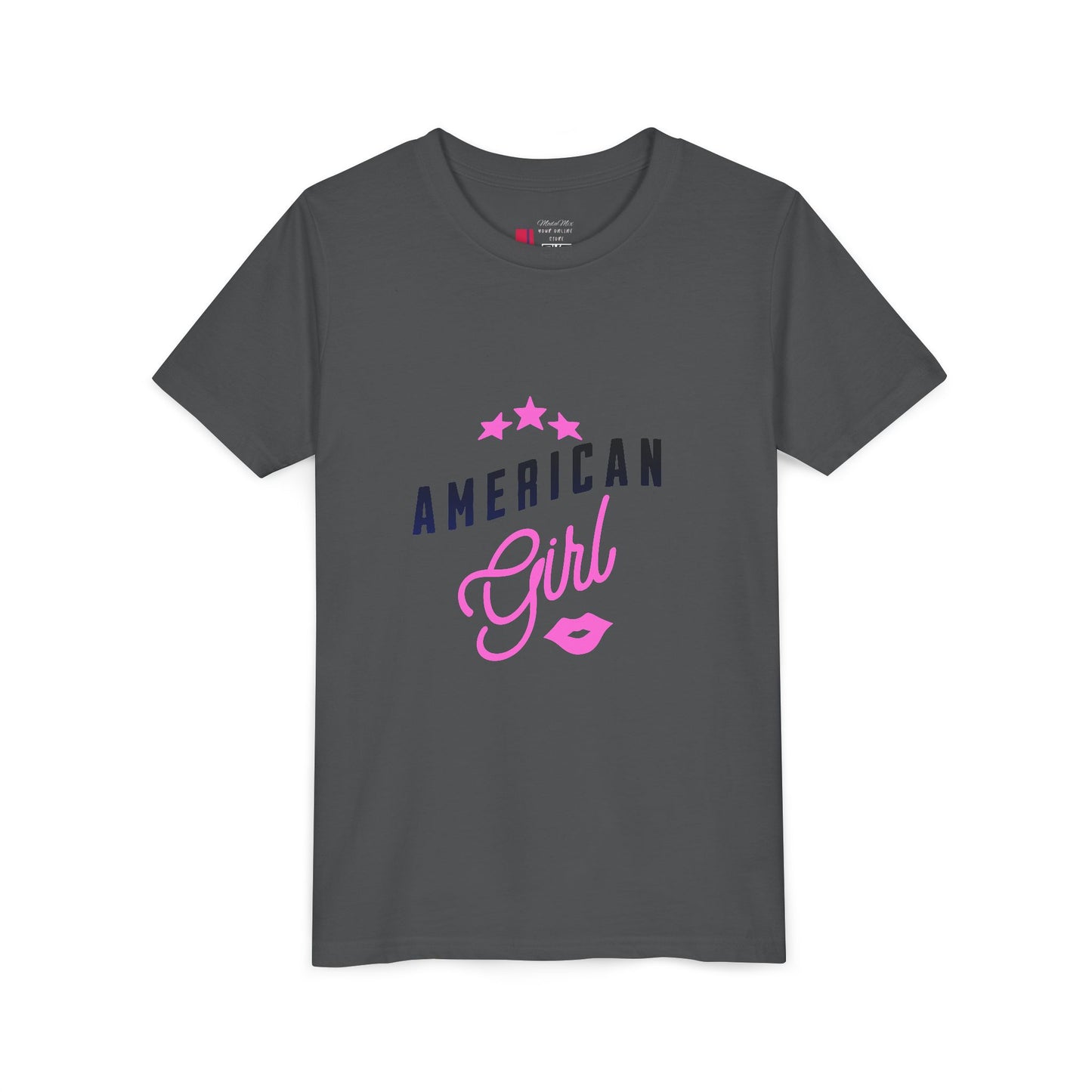 American Girl Youth Tee — Pink Script Stars Patriotic Kids Shirt