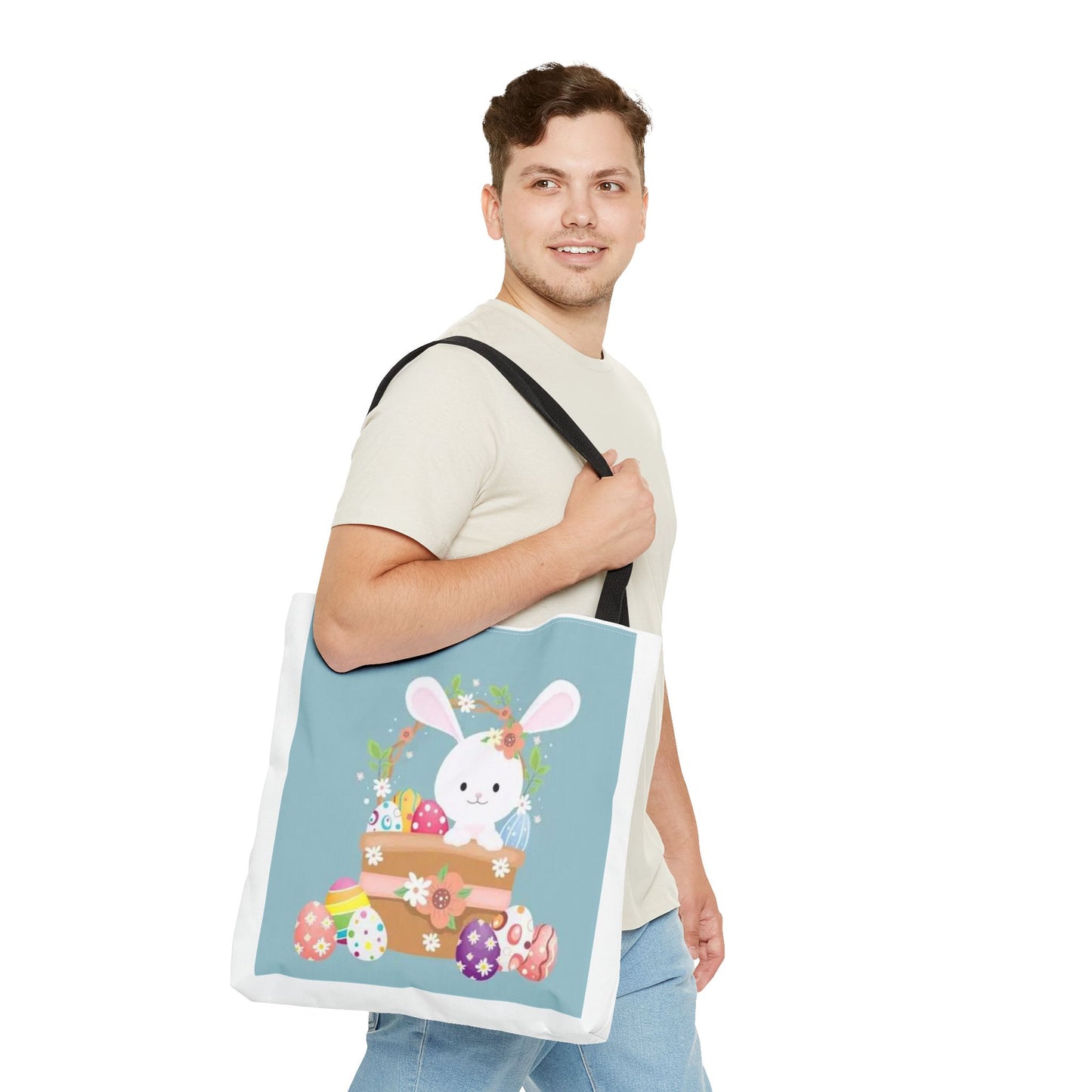 Easter Bunny Tote Bag — Cute Floral Bunny with Painted Eggs All-Over Print