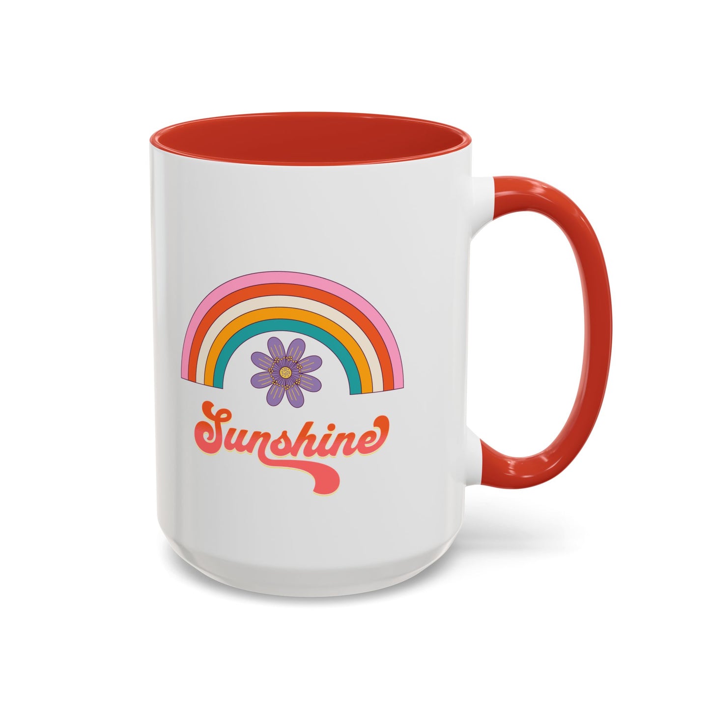 Sunshine Rainbow Accent Coffee Mug — Retro Flower 70s Vibe