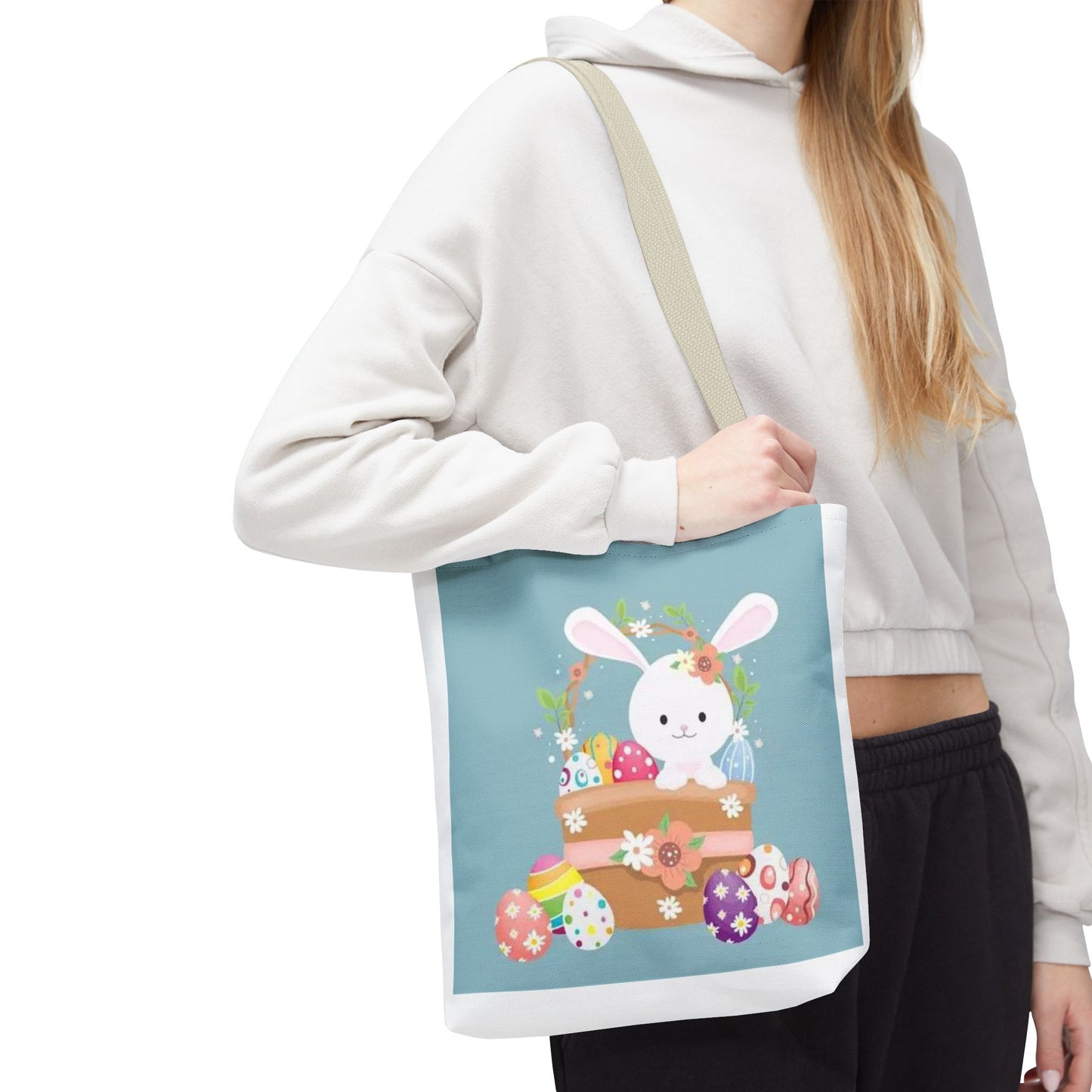 Easter Bunny Tote Bag — Cute Floral Bunny with Painted Eggs All-Over Print