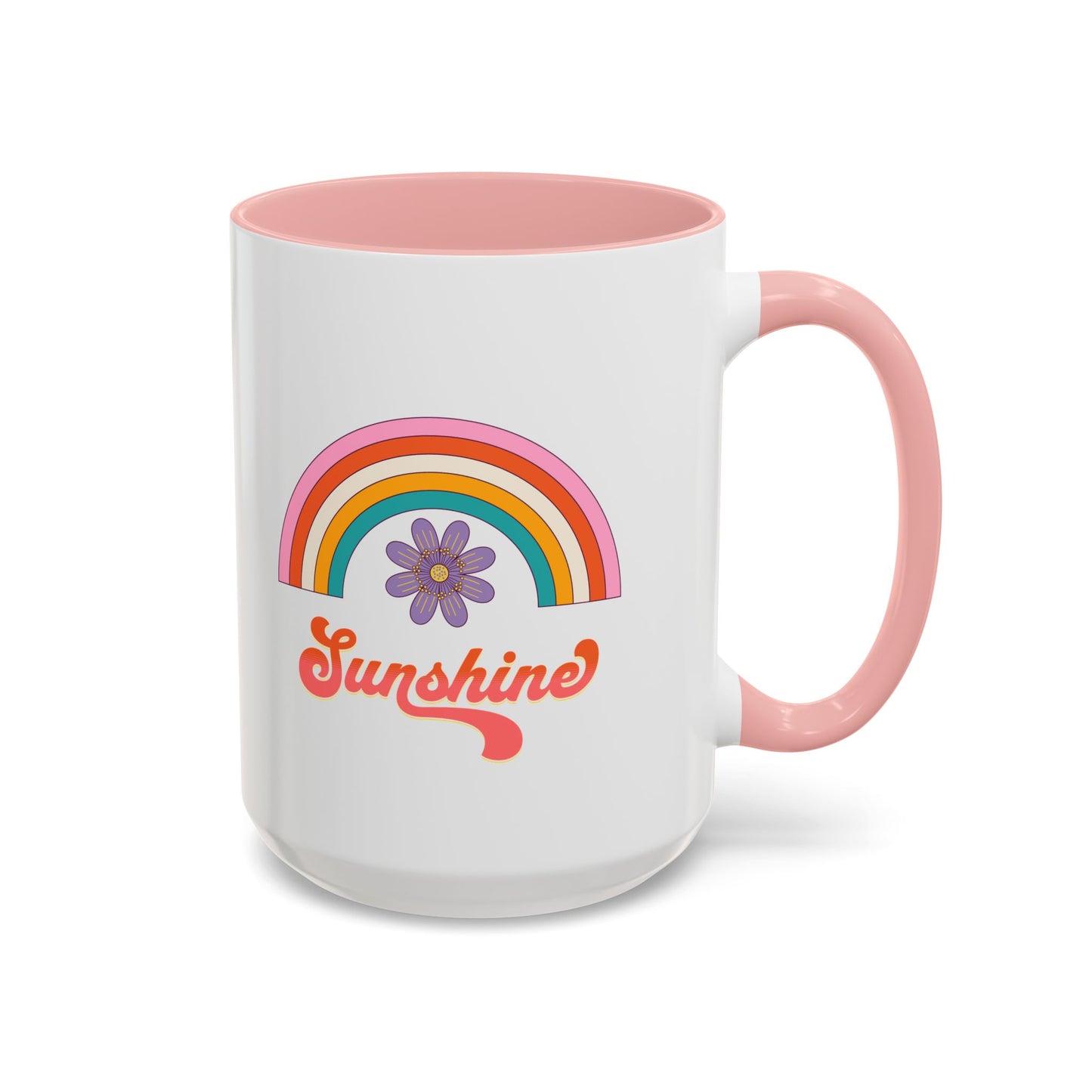 Sunshine Rainbow Accent Coffee Mug — Retro Flower 70s Vibe