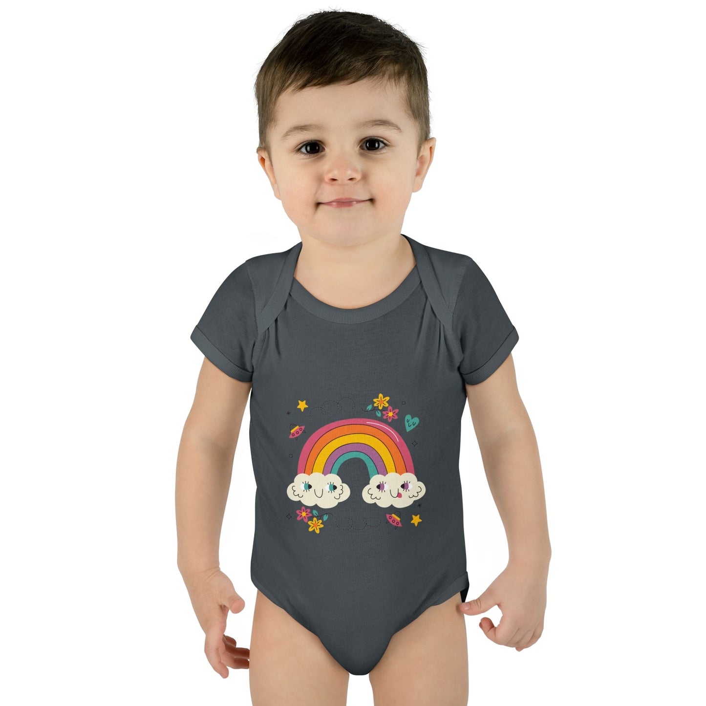 Baby Bodysuit — Cute Rainbow with Smiling Clouds Infant Onesie