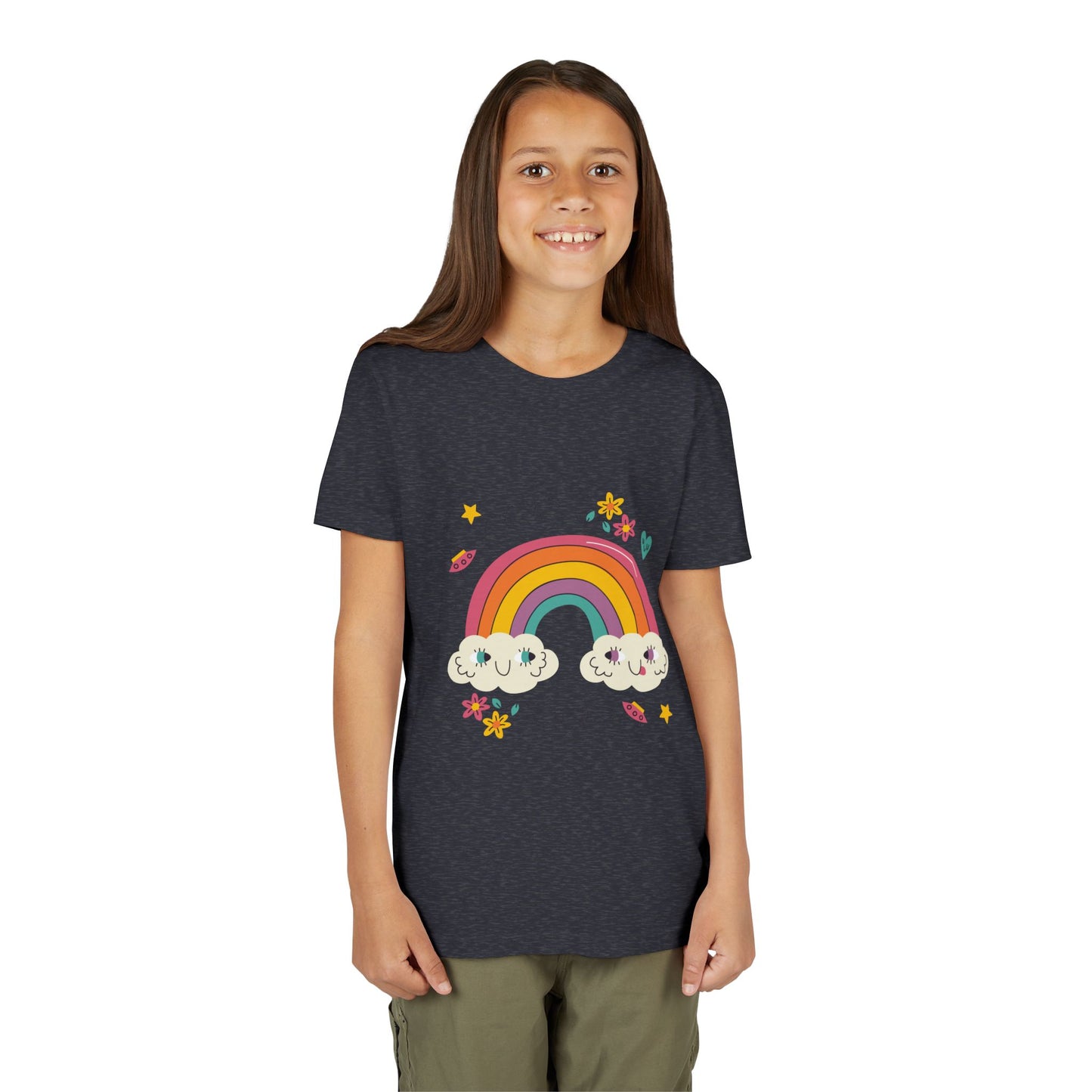 Youth Rainbow Tee — Cute Smiling Clouds & Rainbow Kids Shirt