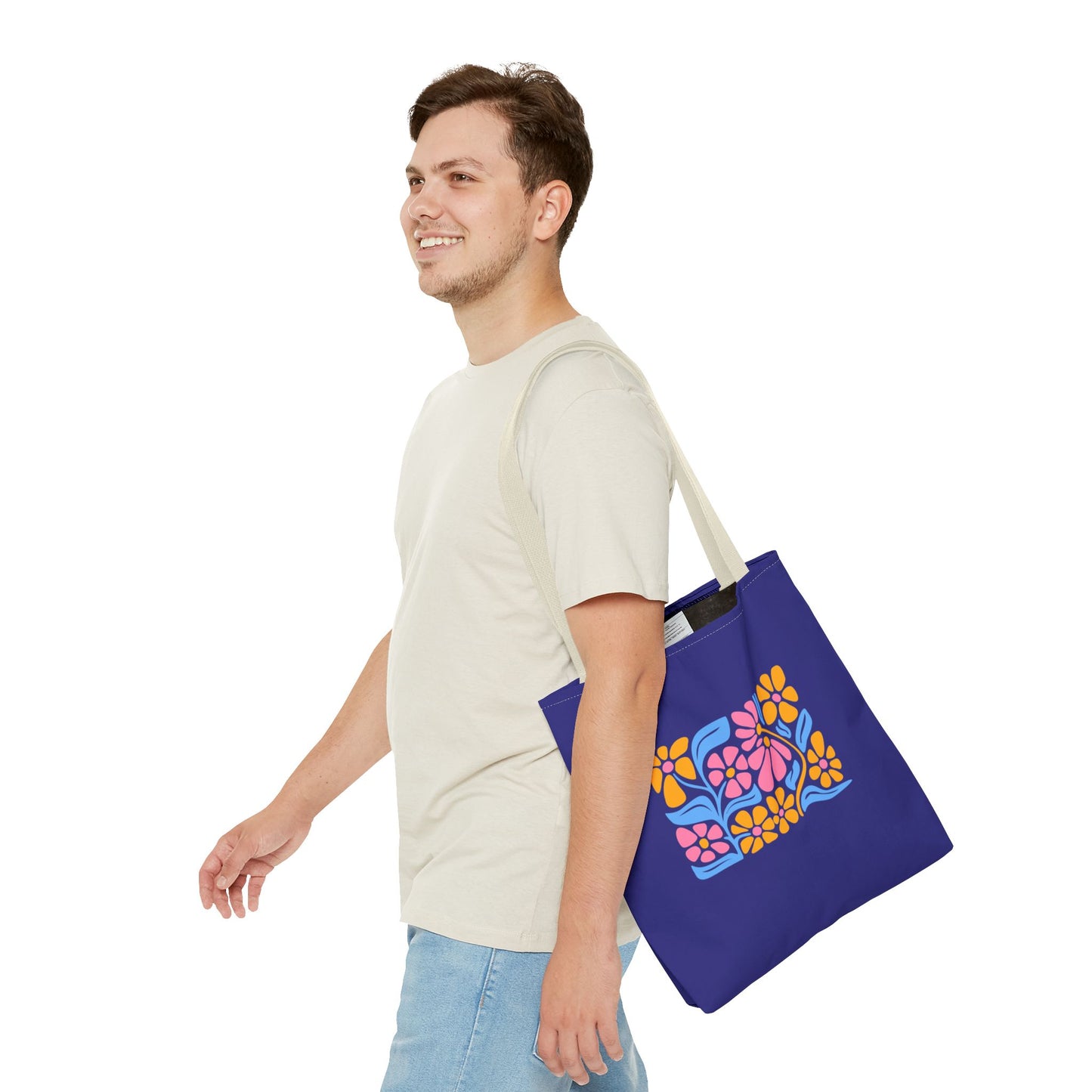 Floral Pop Tote Bag — Bright Retro Flower Pattern on Purple