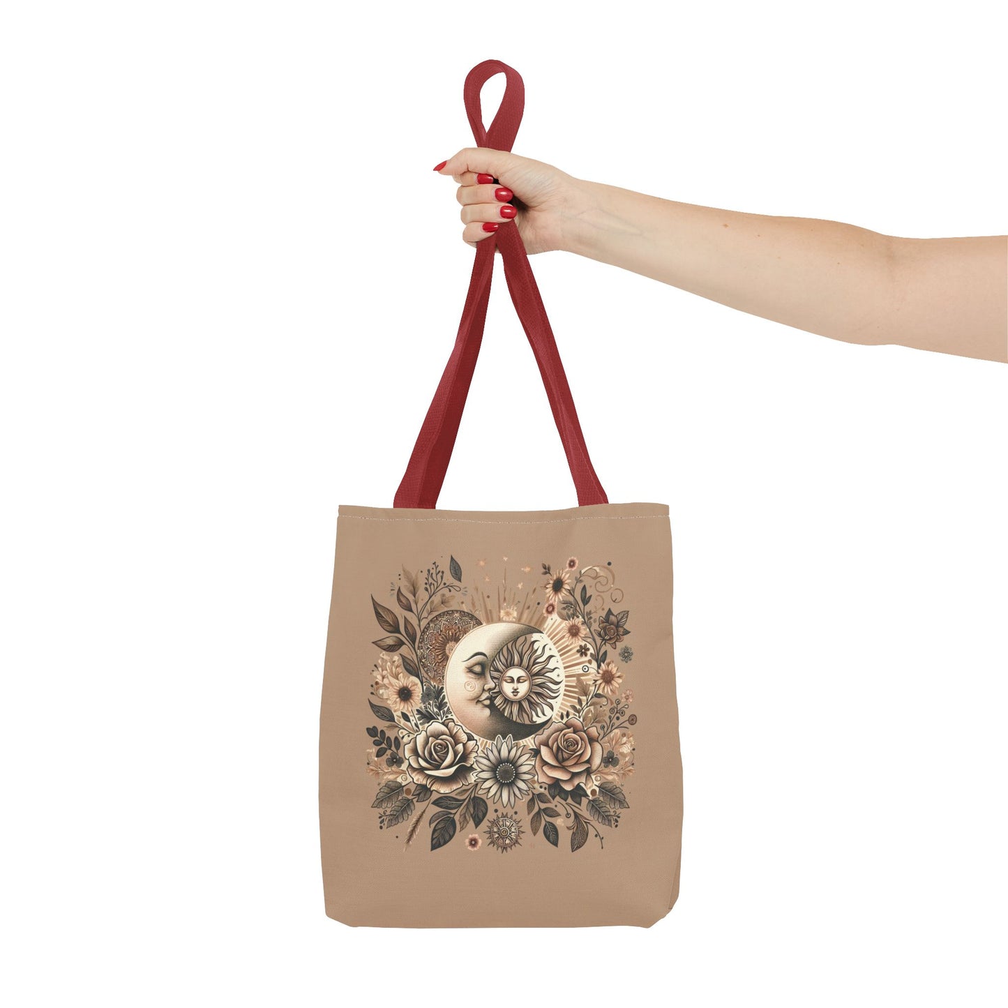 Celestial Sun & Moon Floral Tote Bag — Boho Vintage Astrology Beach Bag
