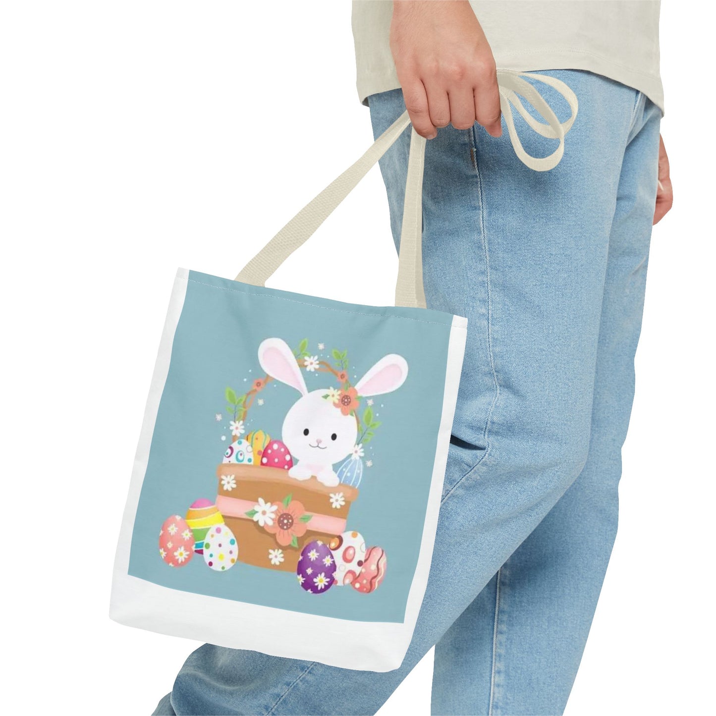 Easter Bunny Tote Bag — Cute Floral Bunny with Painted Eggs All-Over Print