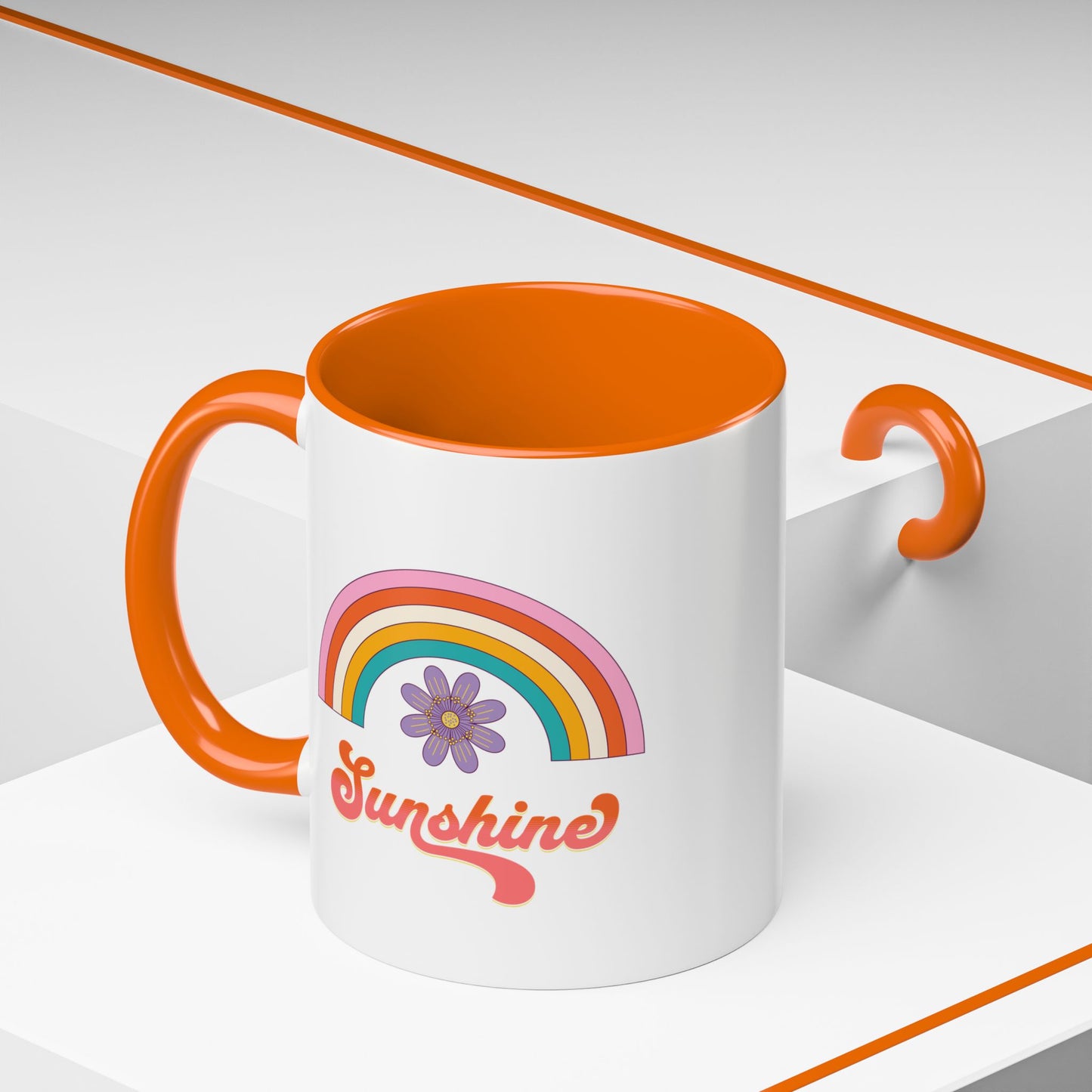 Sunshine Rainbow Accent Coffee Mug — Retro Flower 70s Vibe