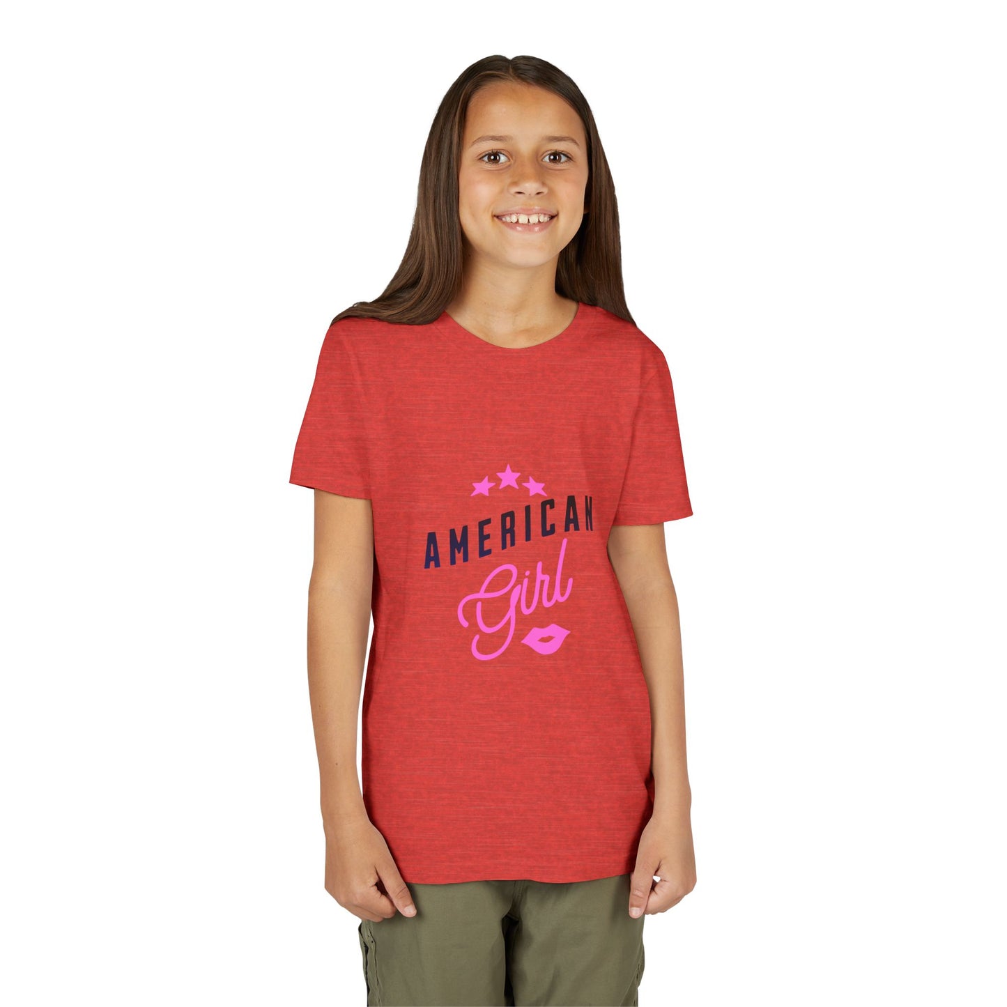 American Girl Youth Tee — Pink Script Stars Patriotic Kids Shirt
