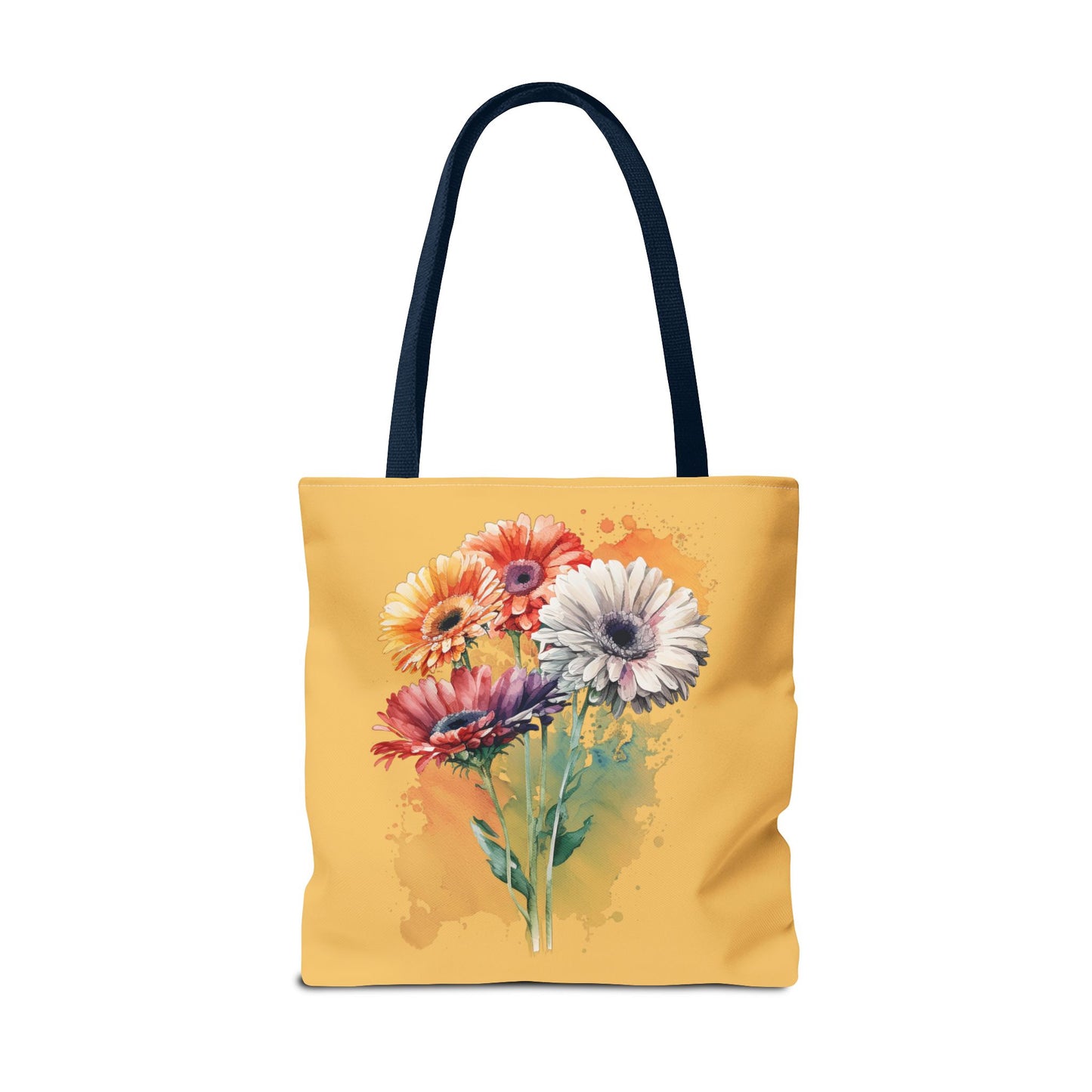 Floral Watercolor Tote Bag — Colorful Gerbera Bouquet on Mustard Background