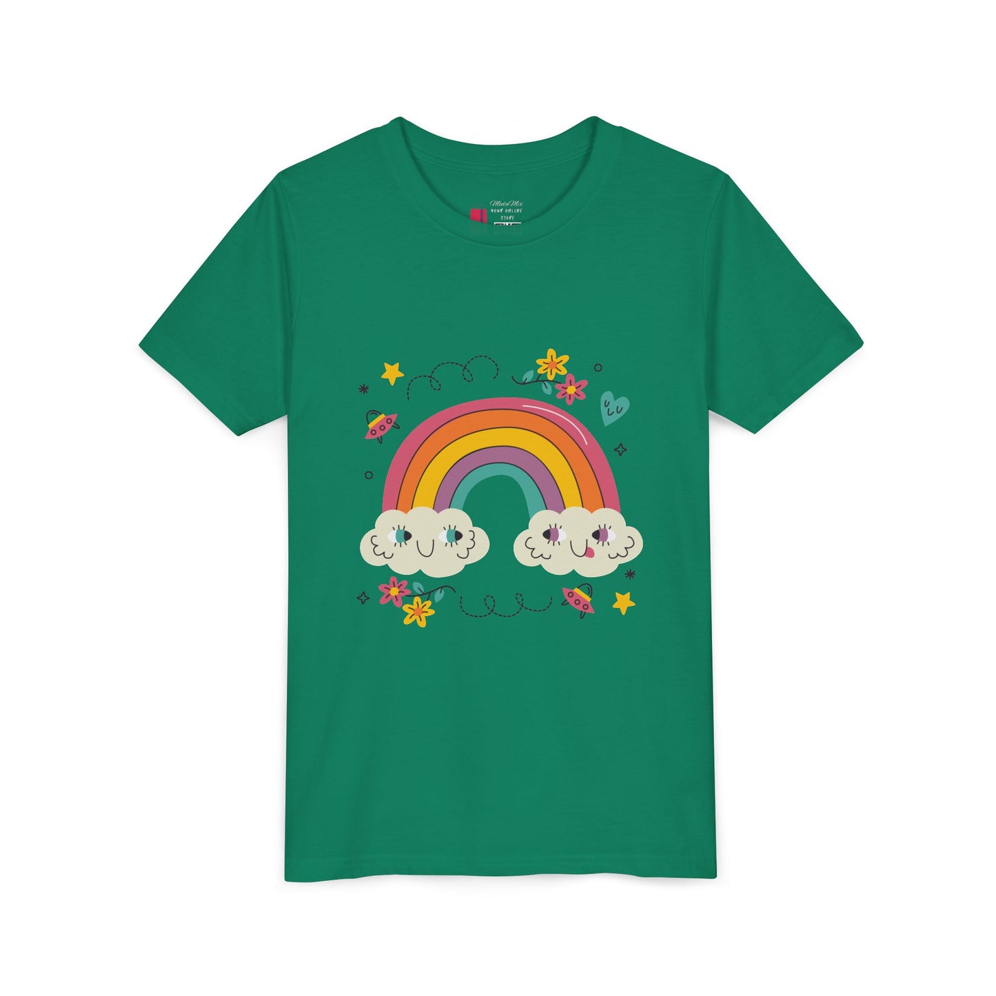 Youth Rainbow Tee — Cute Smiling Clouds & Rainbow Kids Shirt