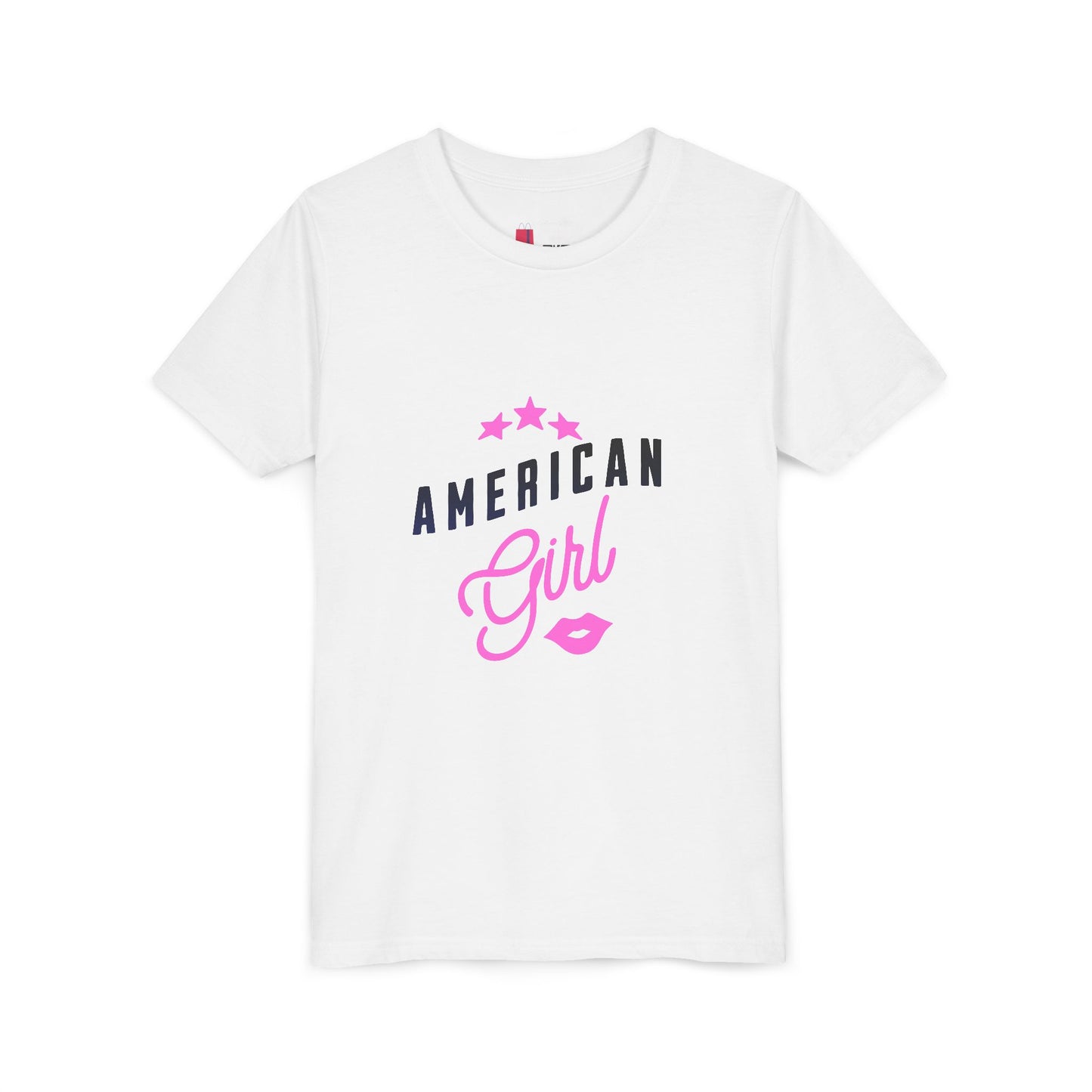 American Girl Youth Tee — Pink Script Stars Patriotic Kids Shirt