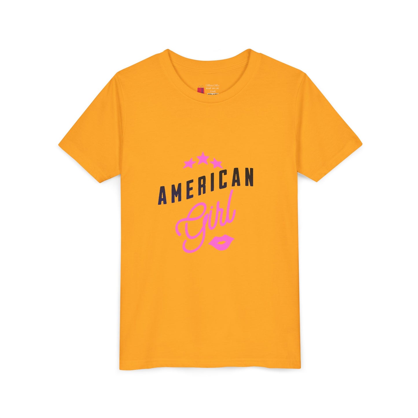 American Girl Youth Tee — Pink Script Stars Patriotic Kids Shirt
