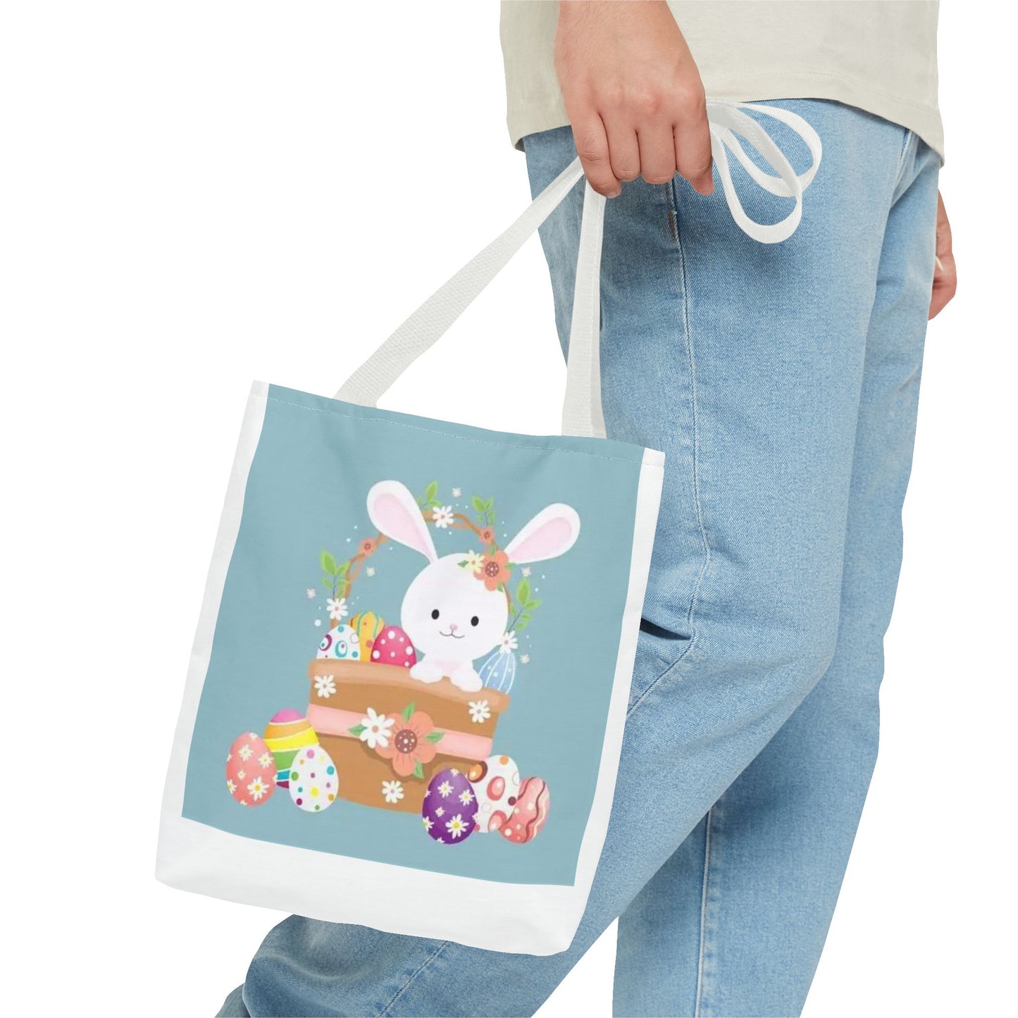 Easter Bunny Tote Bag — Cute Floral Bunny with Painted Eggs All-Over Print