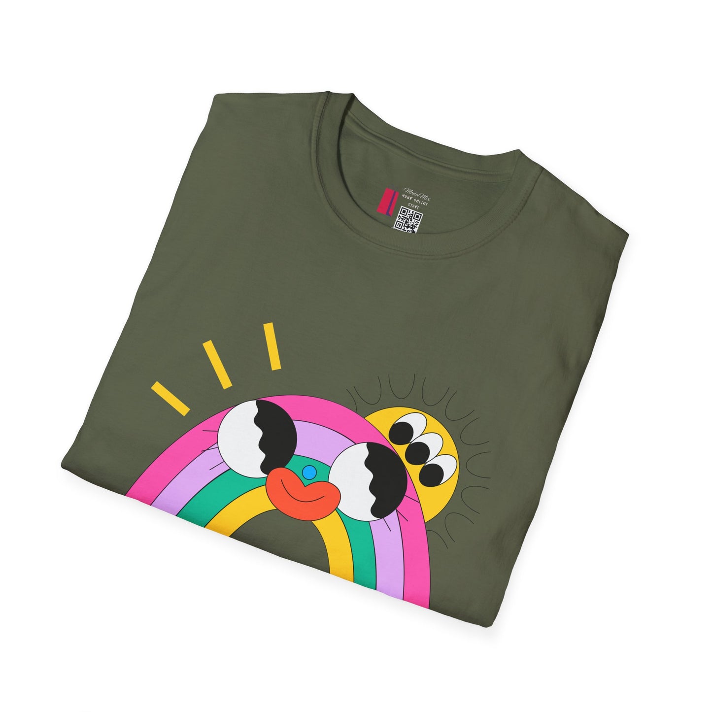 Kawaii Rainbow Smile T-Shirt — Cute Rainbow with Heart & Cloud Faces