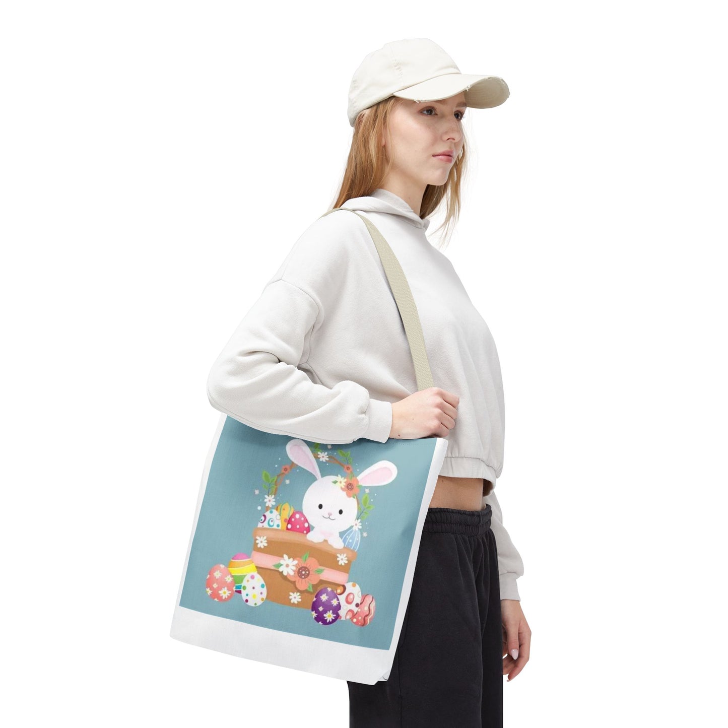Easter Bunny Tote Bag — Cute Floral Bunny with Painted Eggs All-Over Print