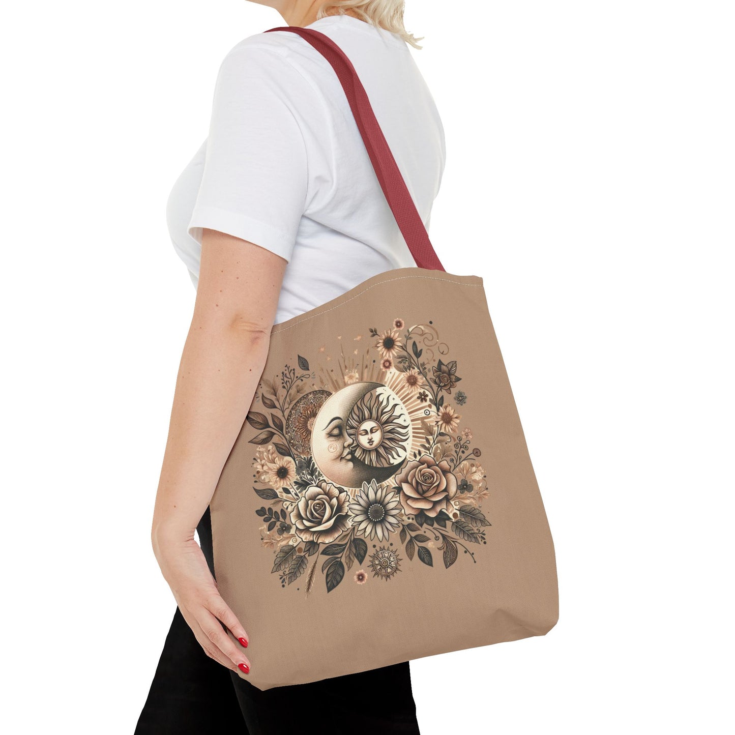 Celestial Sun & Moon Floral Tote Bag — Boho Vintage Astrology Beach Bag