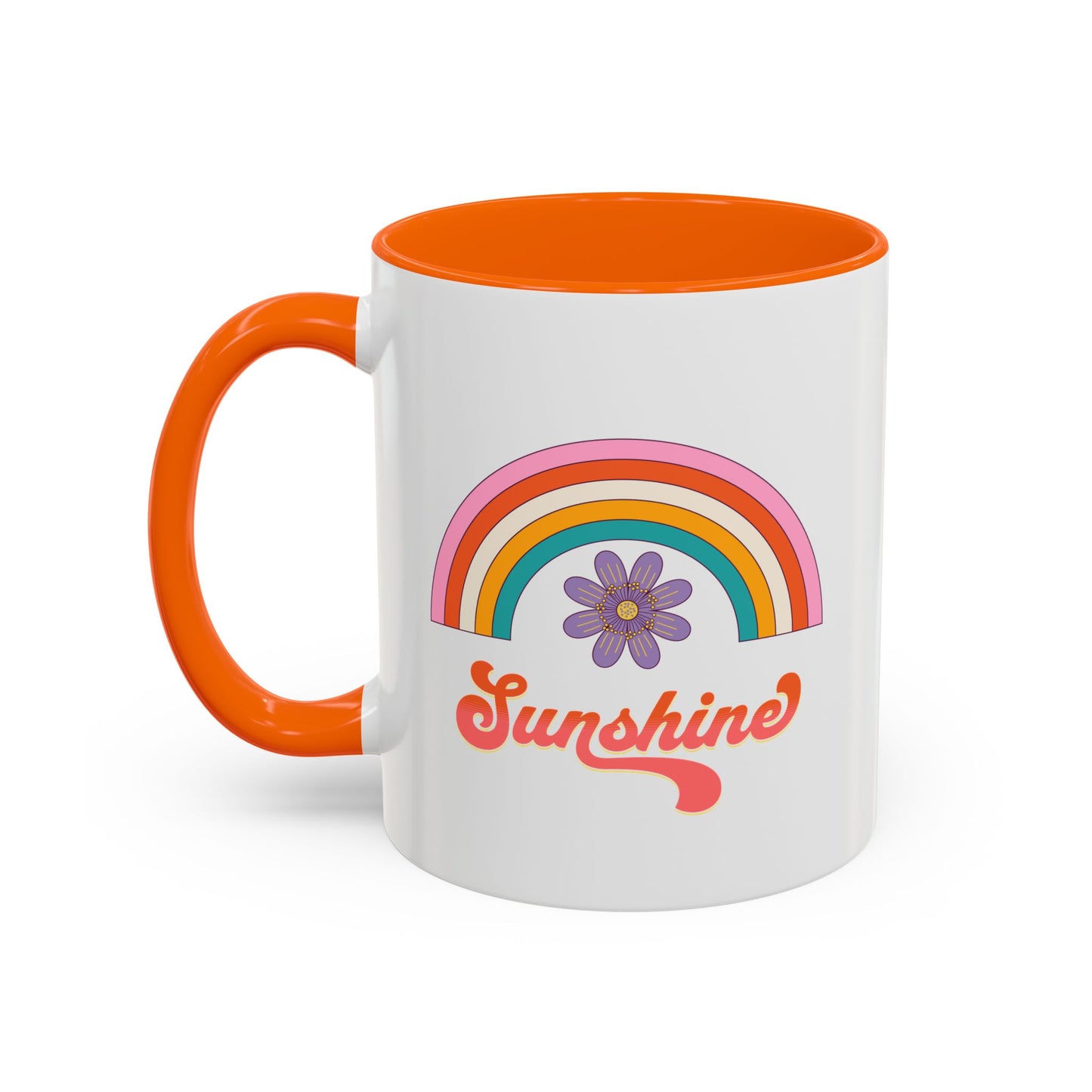Sunshine Rainbow Accent Coffee Mug — Retro Flower 70s Vibe