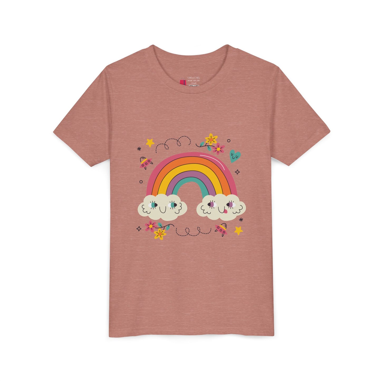 Youth Rainbow Tee — Cute Smiling Clouds & Rainbow Kids Shirt