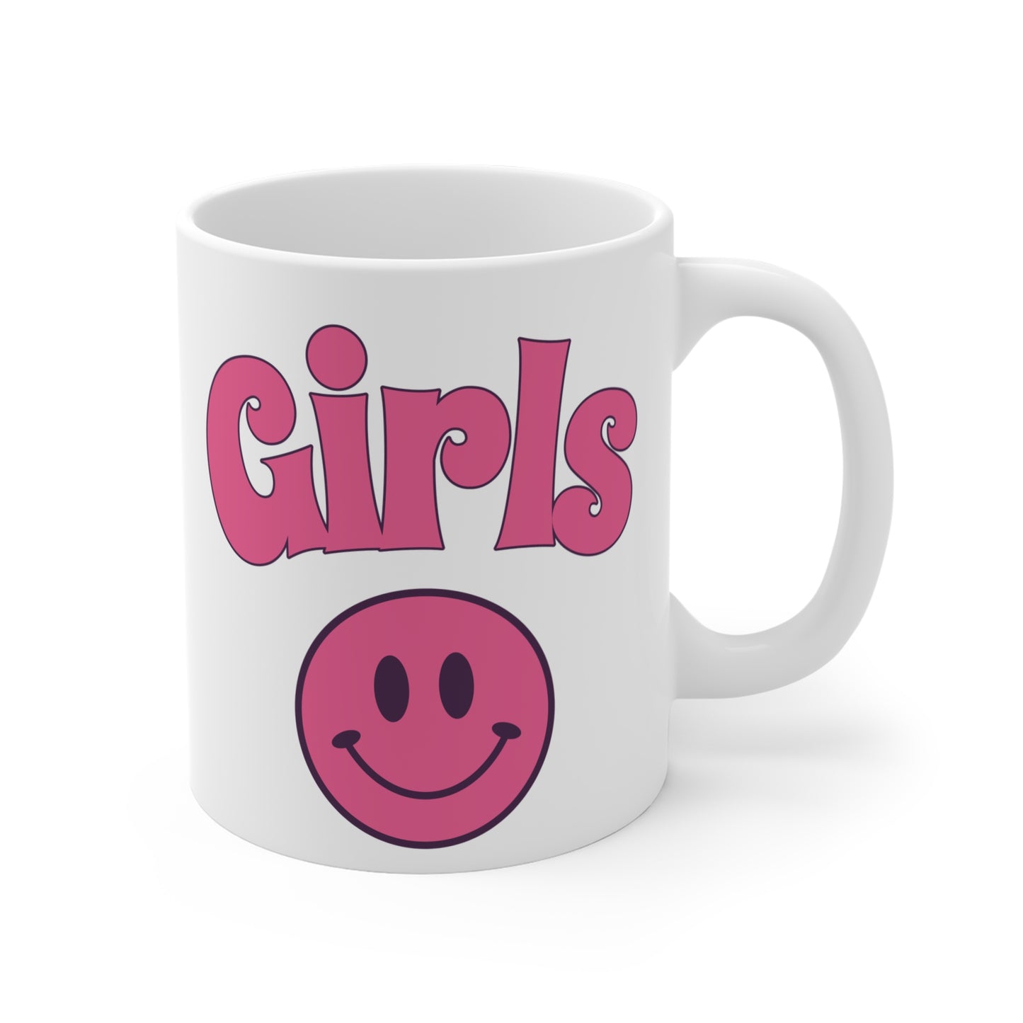 Girls Smiley Face Coffee Mug — Retro Pink Happy Face 11oz
