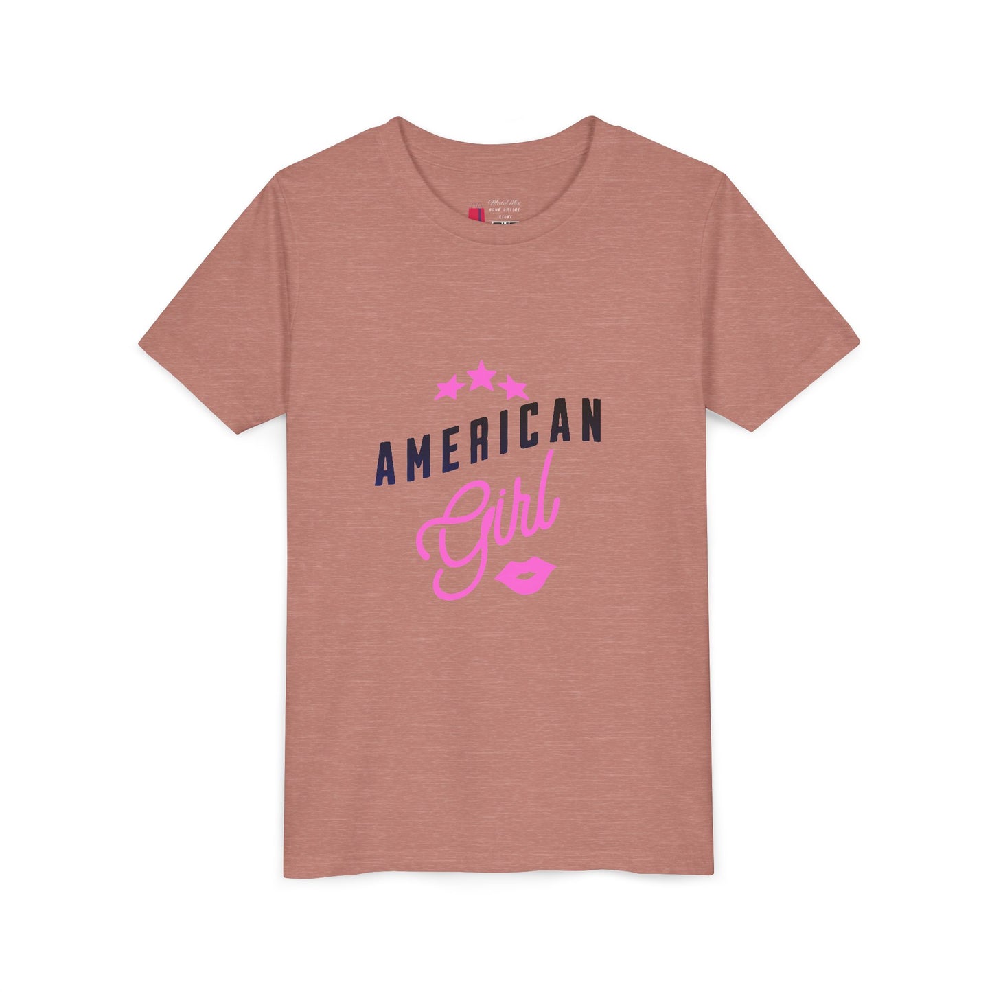 American Girl Youth Tee — Pink Script Stars Patriotic Kids Shirt