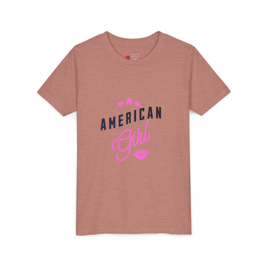 American Girl Youth Tee — Pink Script Stars Patriotic Kids Shirt