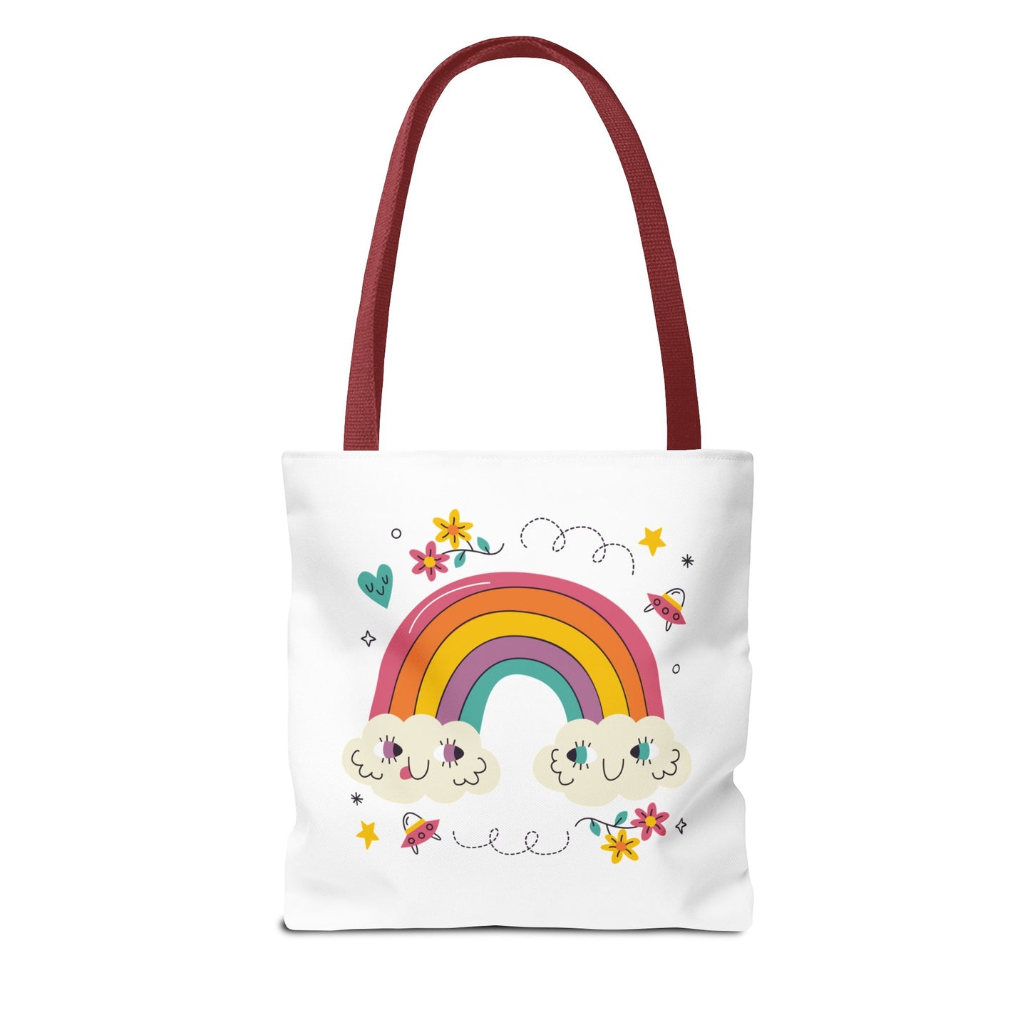 Cute Rainbow Tote Bag — Kawaii Smiling Clouds, Floral & Heart Print