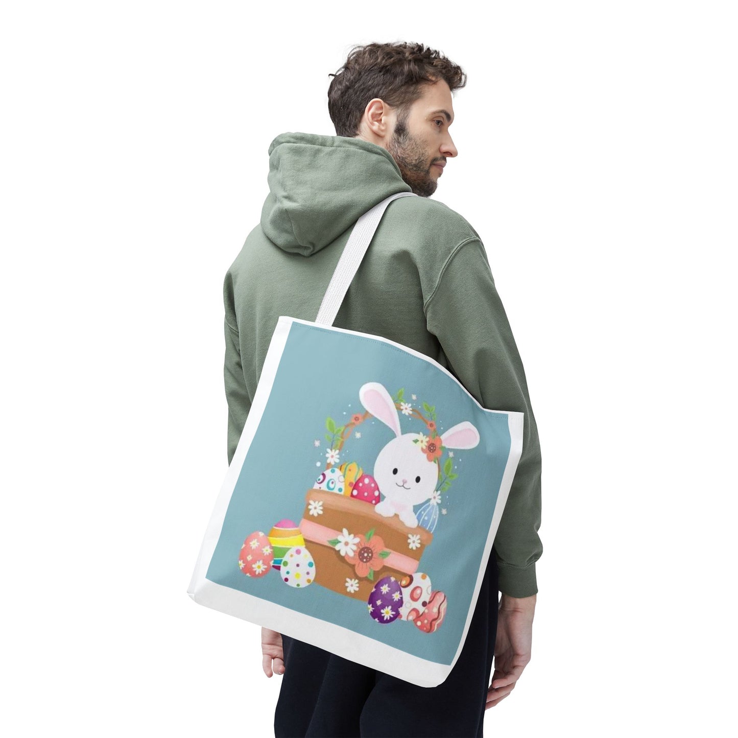 Easter Bunny Tote Bag — Cute Floral Bunny with Painted Eggs All-Over Print