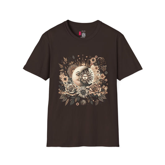 Celestial Sun & Moon Floral T-Shirt — Vintage Boho Astrology Tee