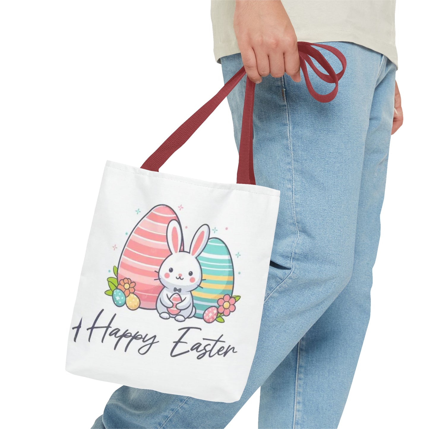 Easter Bunny Tote Bag — Cute "Happy Easter" Bunny with Colorful Eggs