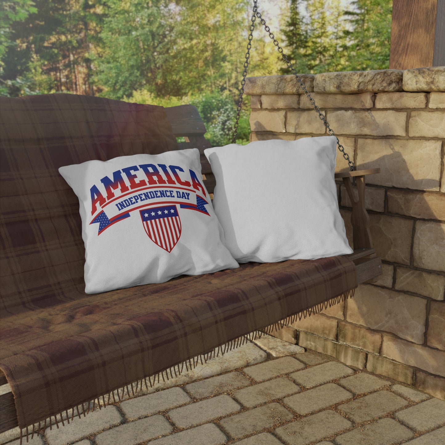 Independence Day America Outdoor Pillow — Patriotic Red, White & Blue Accent Cushion