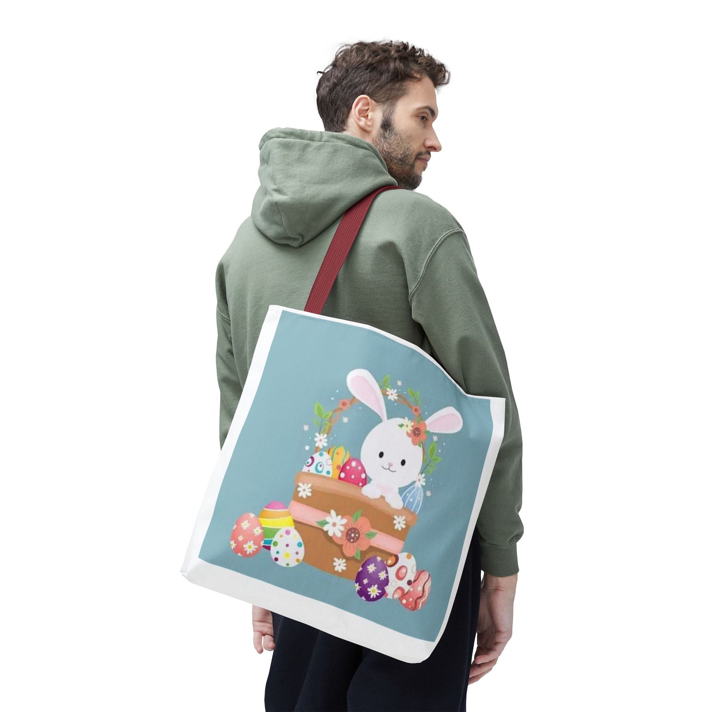 Easter Bunny Tote Bag — Cute Floral Bunny with Painted Eggs All-Over Print