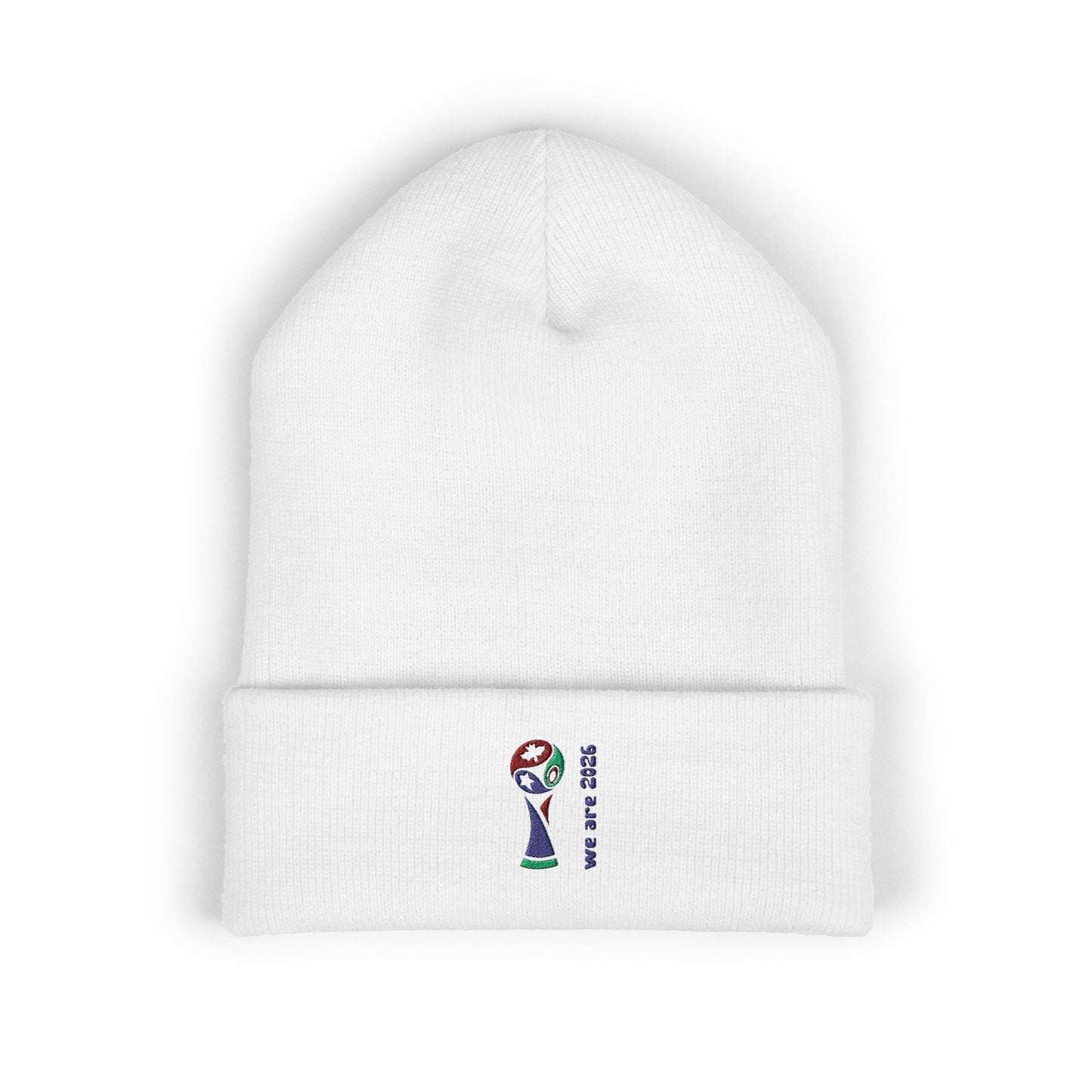 Embroidered 2026 World Cup Trophy Beanie — Soccer Fan Cuffed Knit Hat