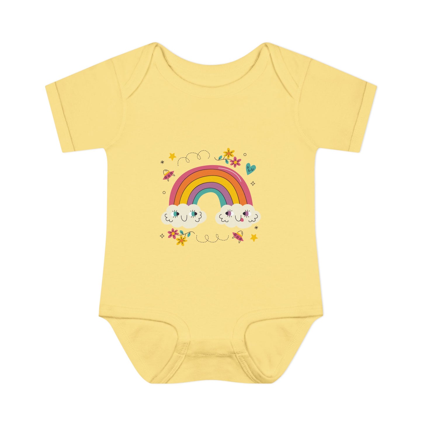 Baby Bodysuit — Cute Rainbow with Smiling Clouds Infant Onesie