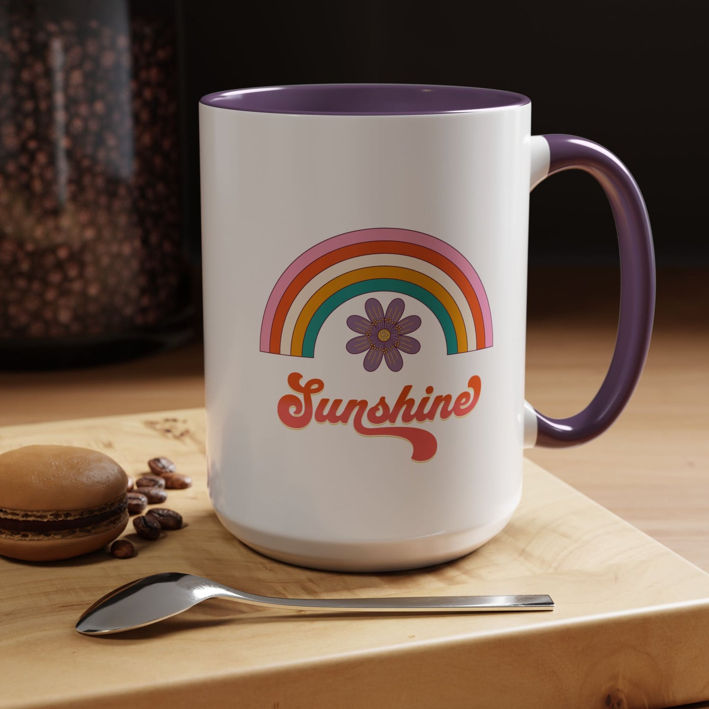 Sunshine Rainbow Accent Coffee Mug — Retro Flower 70s Vibe