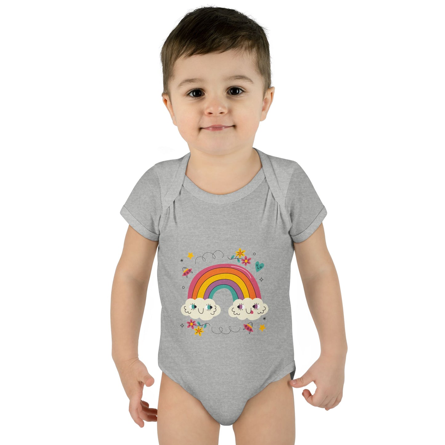 Baby Bodysuit — Cute Rainbow with Smiling Clouds Infant Onesie
