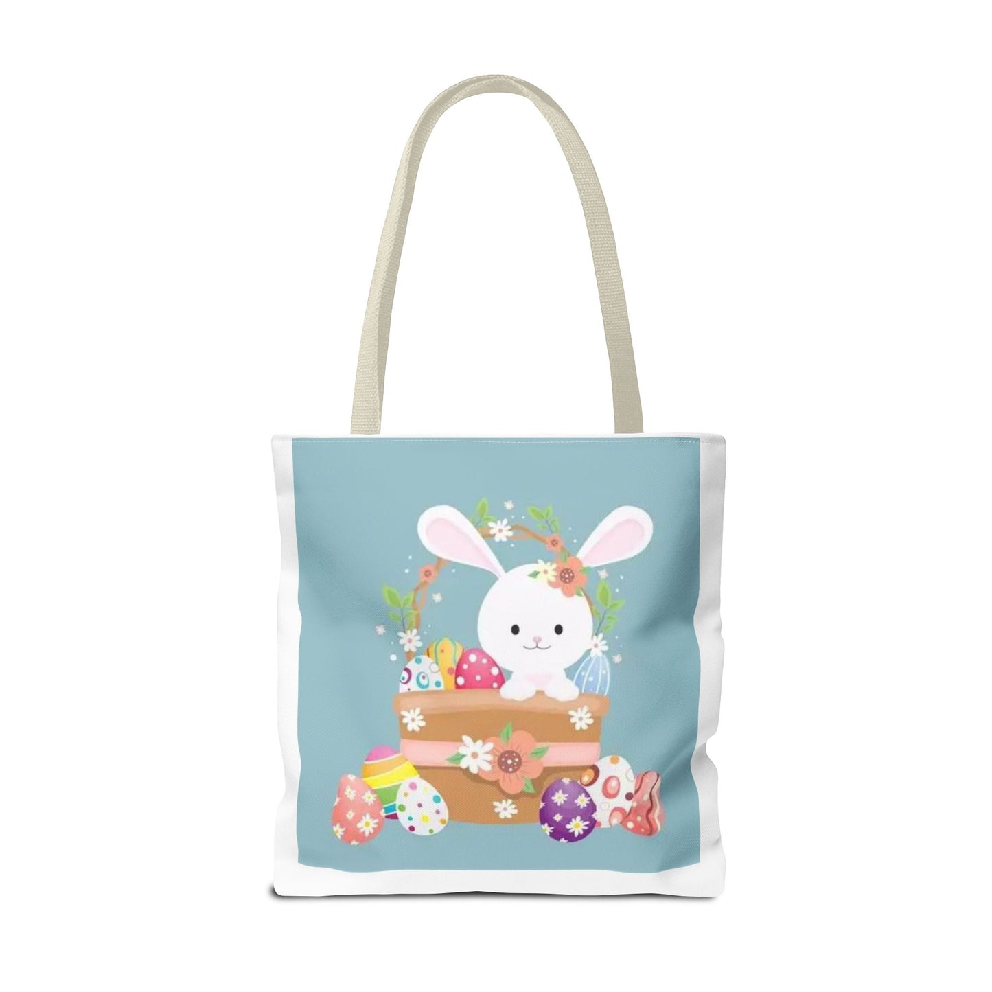 Easter Bunny Tote Bag — Cute Floral Bunny with Painted Eggs All-Over Print