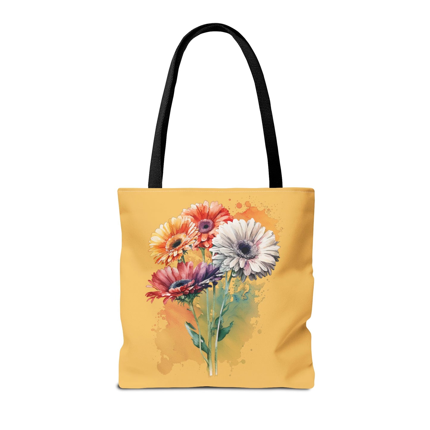 Floral Watercolor Tote Bag — Colorful Gerbera Bouquet on Mustard Background