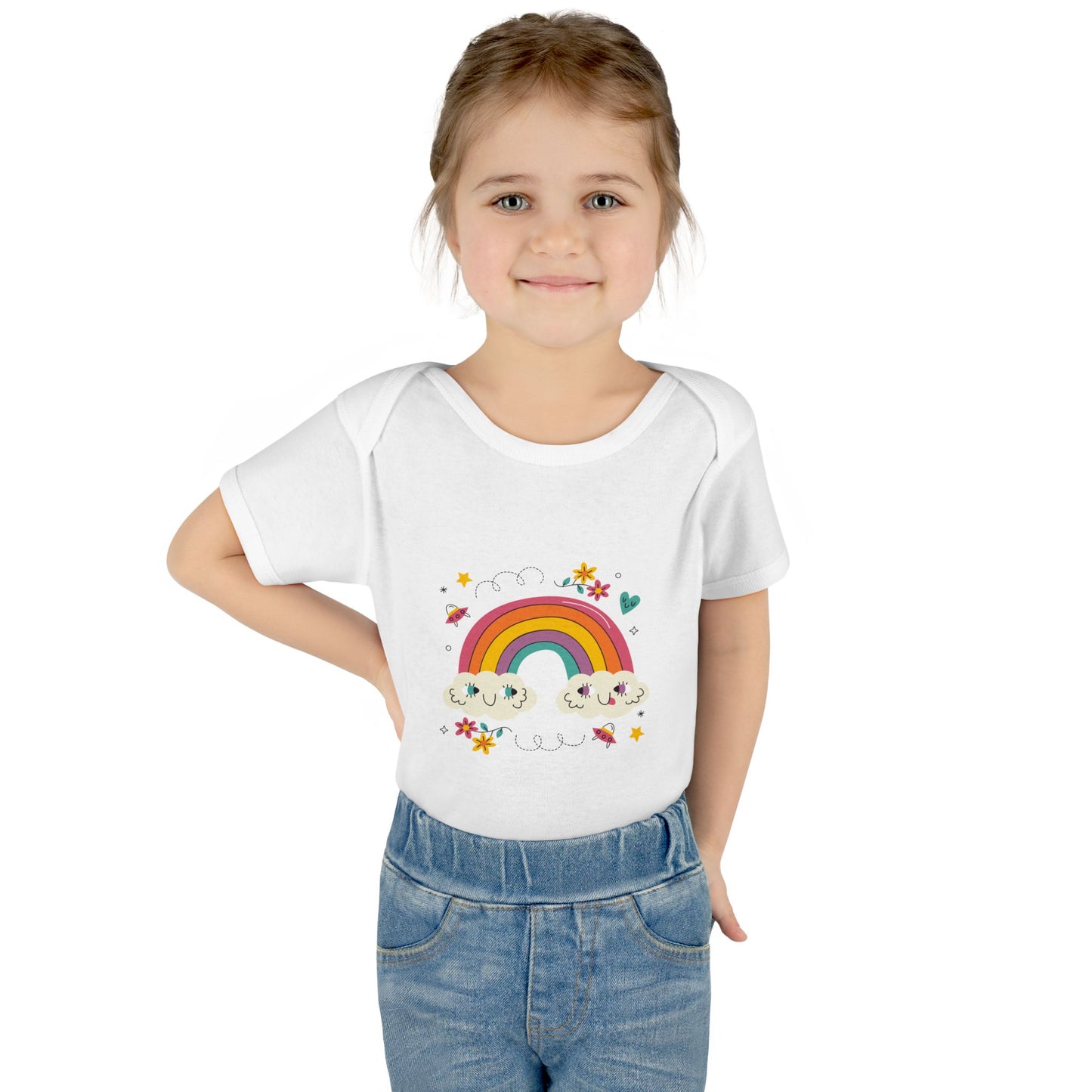 Baby Bodysuit — Cute Rainbow with Smiling Clouds Infant Onesie