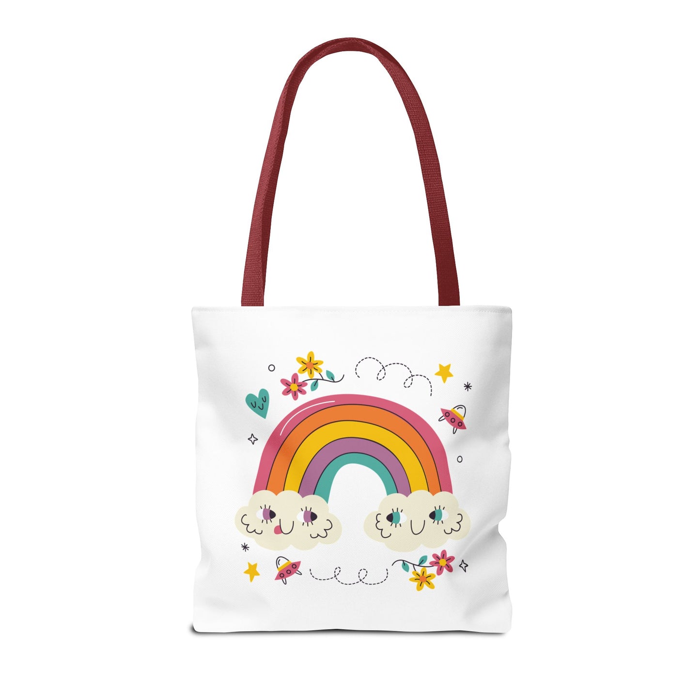 Cute Rainbow Tote Bag — Kawaii Smiling Clouds, Floral & Heart Print