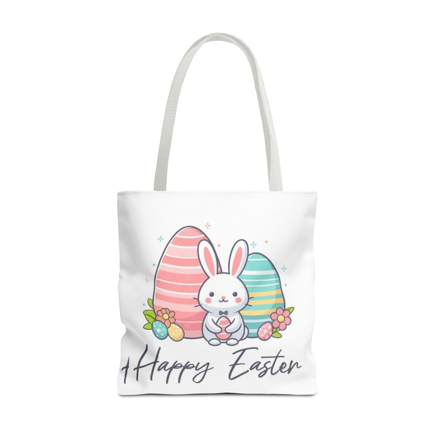 Easter Bunny Tote Bag — Cute "Happy Easter" Bunny with Colorful Eggs