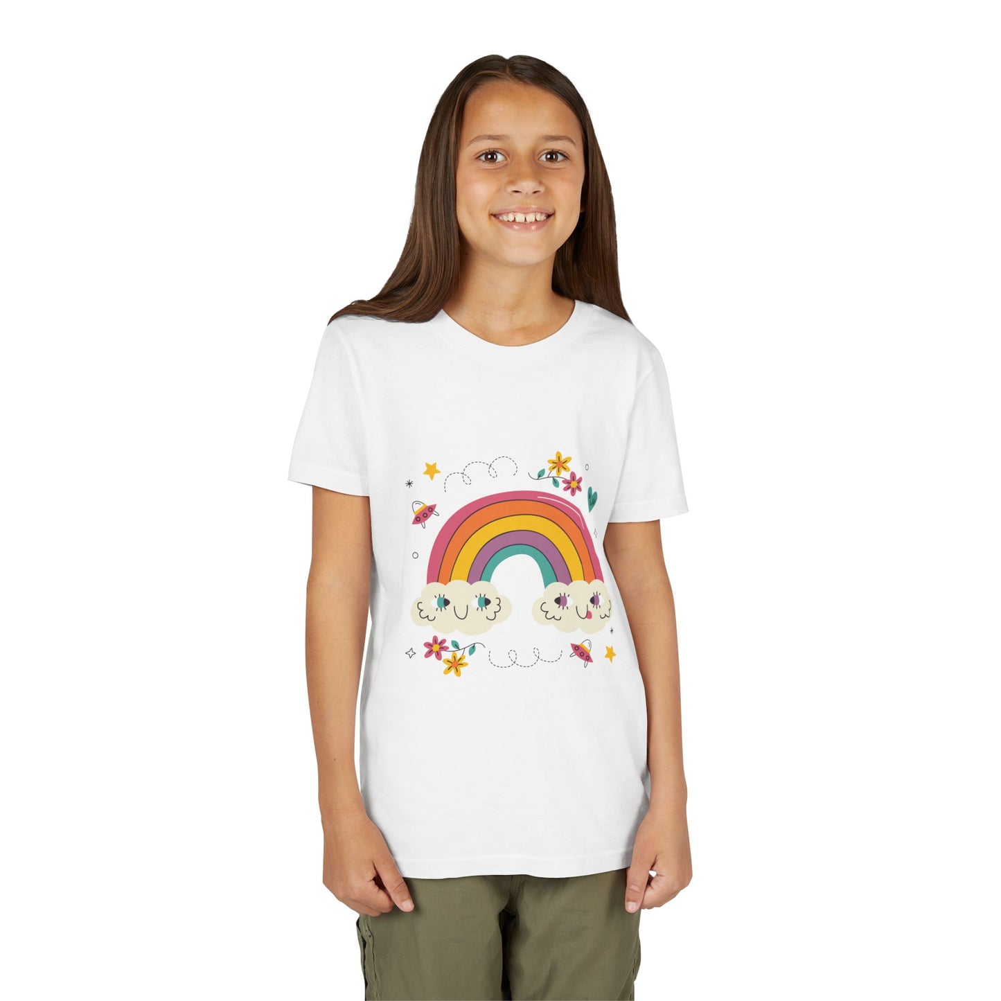 Youth Rainbow Tee — Cute Smiling Clouds & Rainbow Kids Shirt