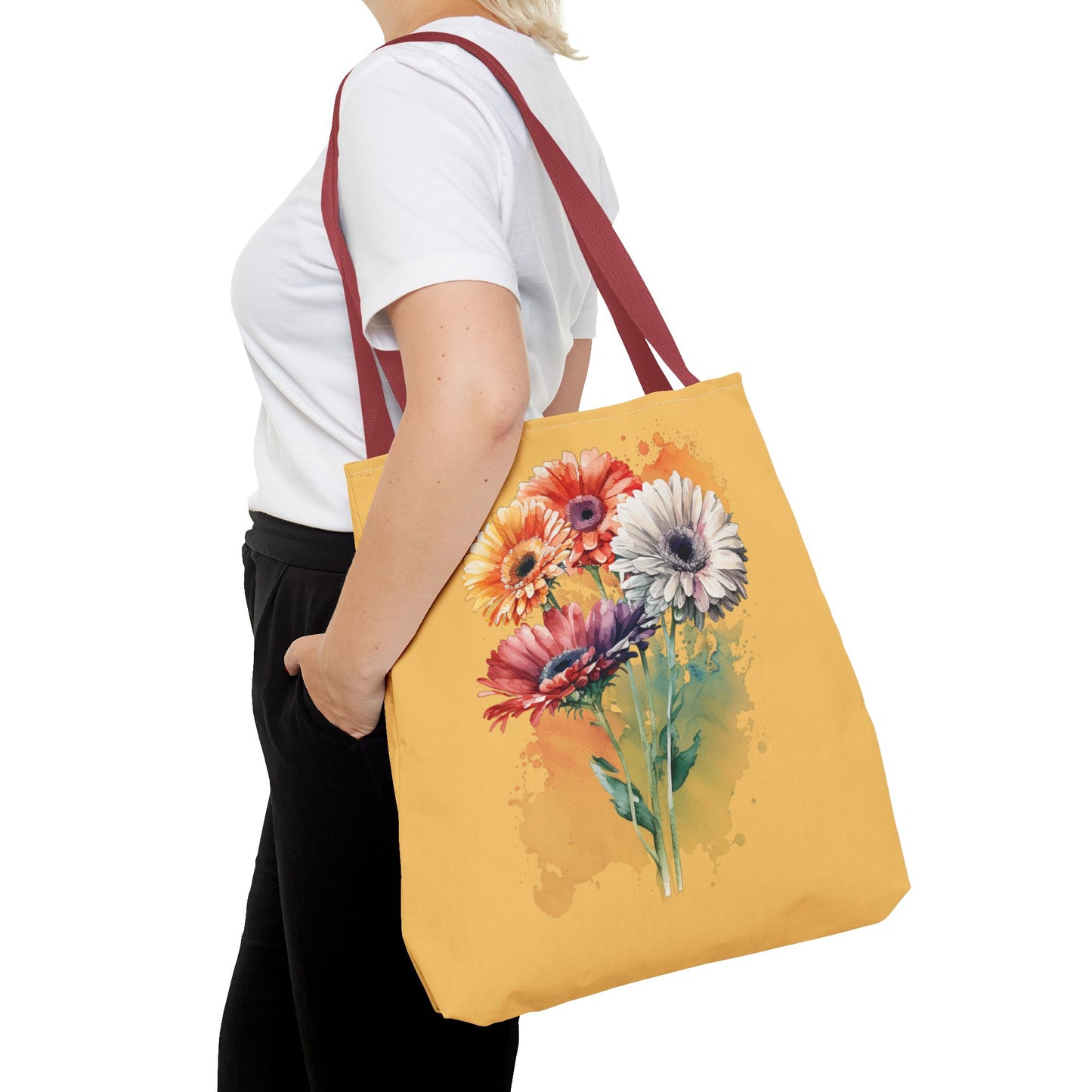 Floral Watercolor Tote Bag — Colorful Gerbera Bouquet on Mustard Background