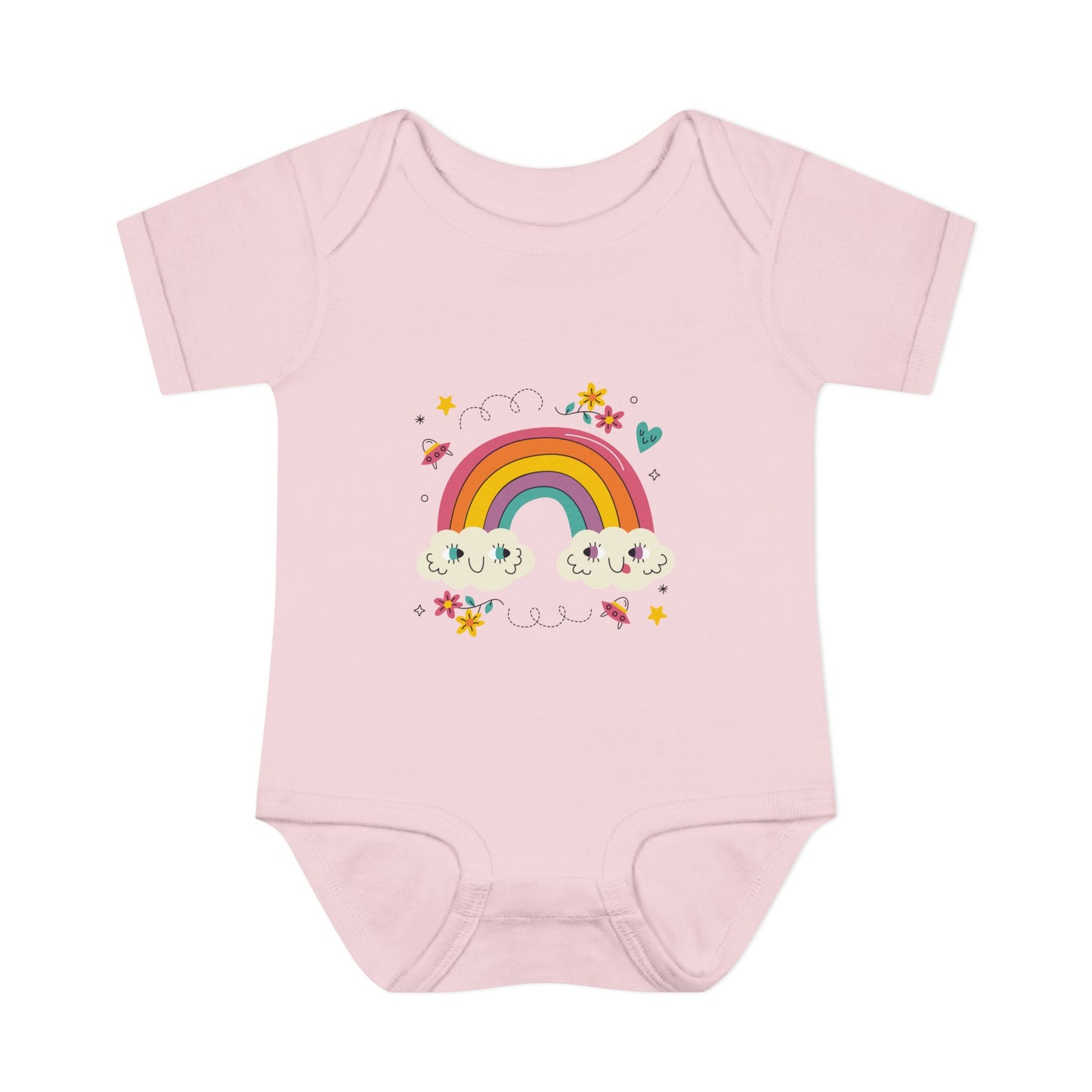 Baby Bodysuit — Cute Rainbow with Smiling Clouds Infant Onesie