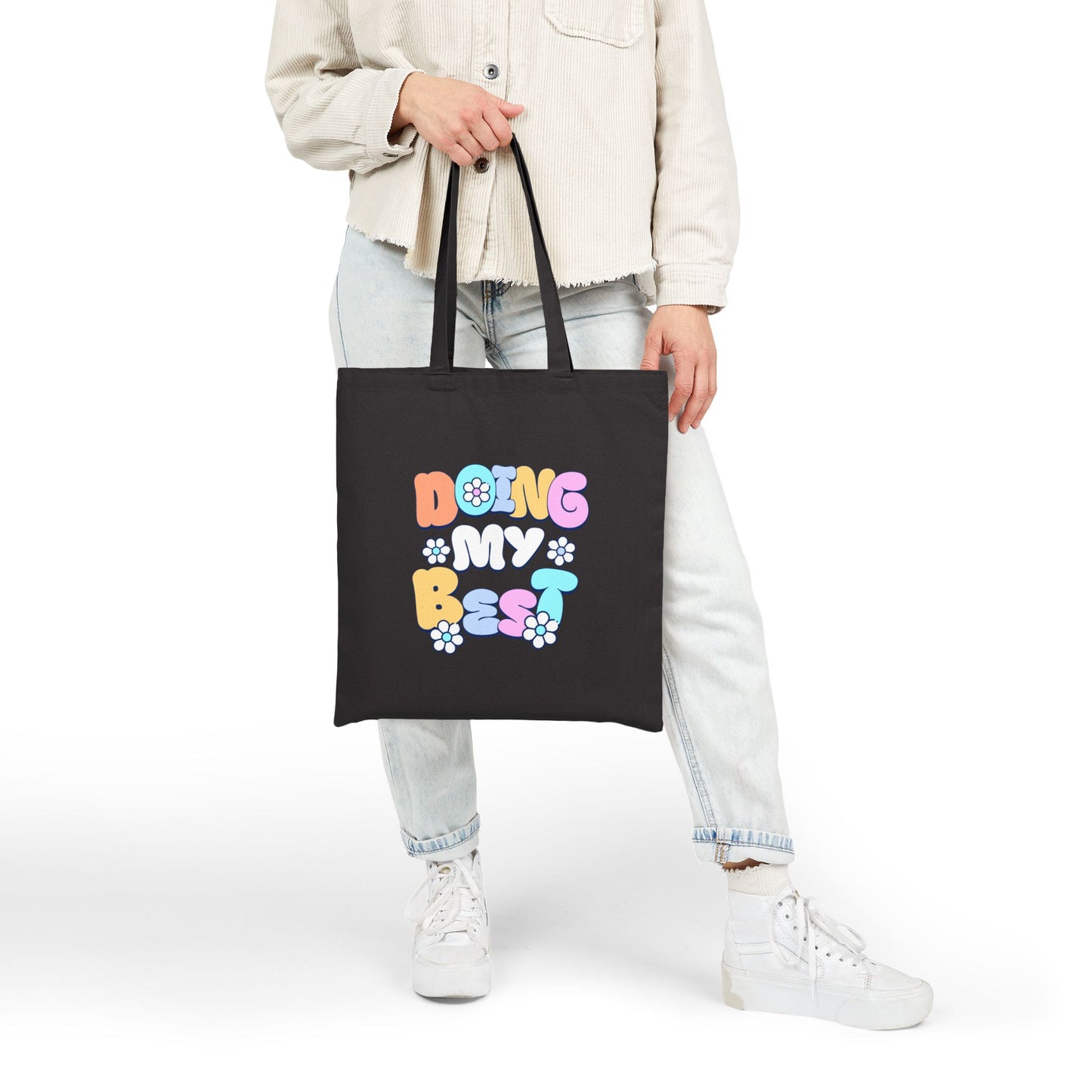 Tote Bag — "Doing My Best" Retro Floral Canvas Tote, Cute Eco-Friendly Grocery & Everyday Bag