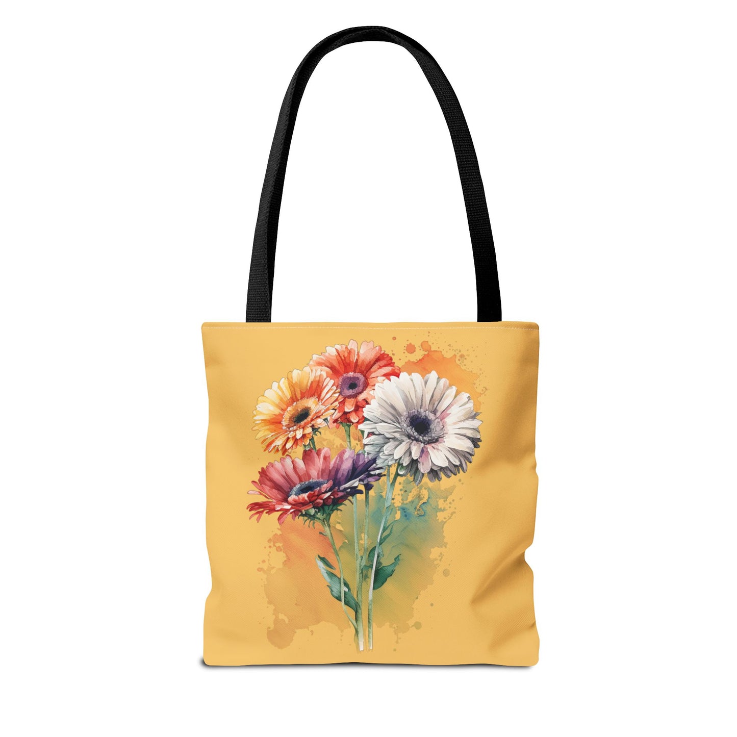 Floral Watercolor Tote Bag — Colorful Gerbera Bouquet on Mustard Background